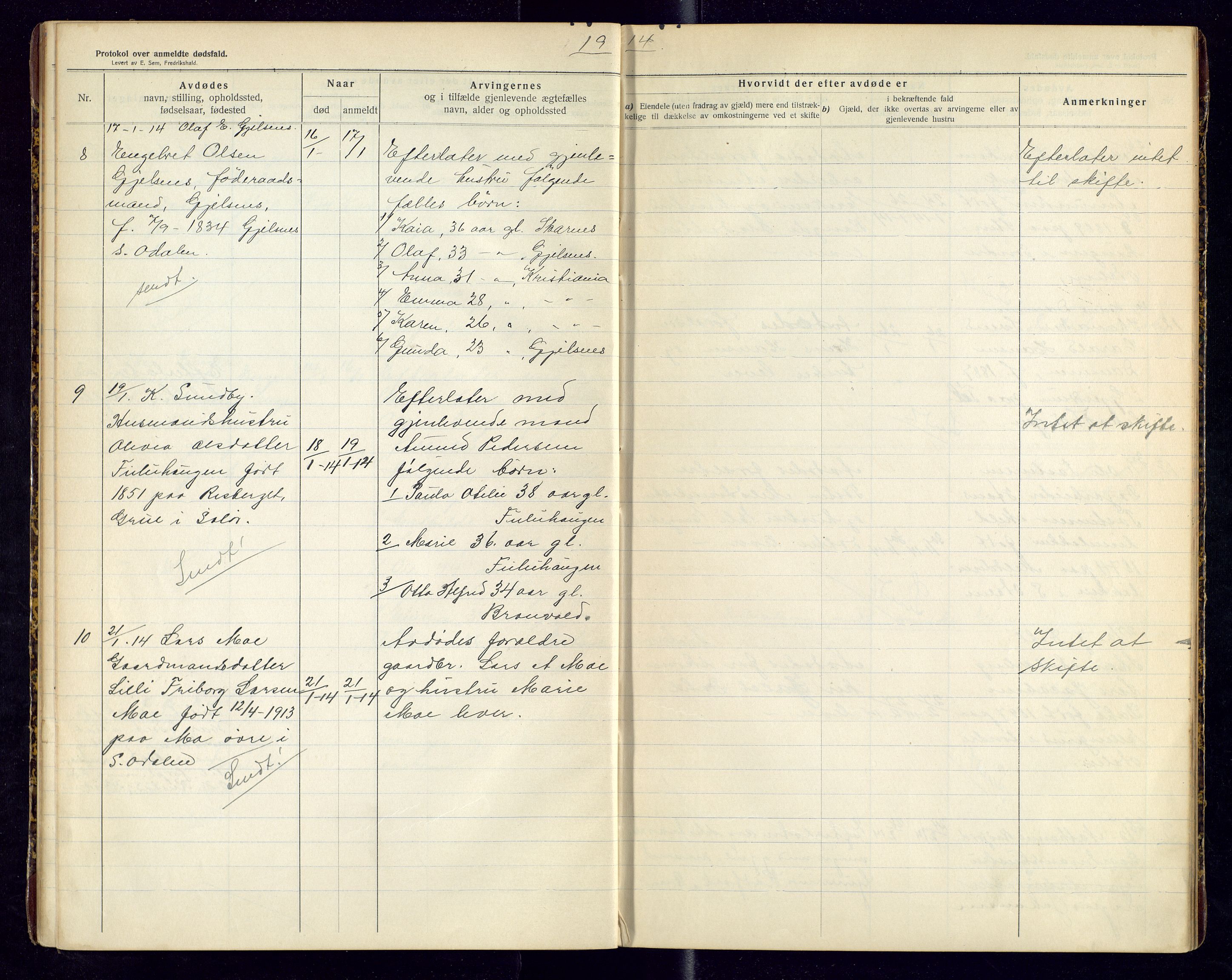 Sør-Odal lensmannskontor, SAH/LHS-022/H/Hb/L0002/0001: Protokoller over anmeldte dødsfall / Protokoll over anmeldte dødsfall, 1913-1915