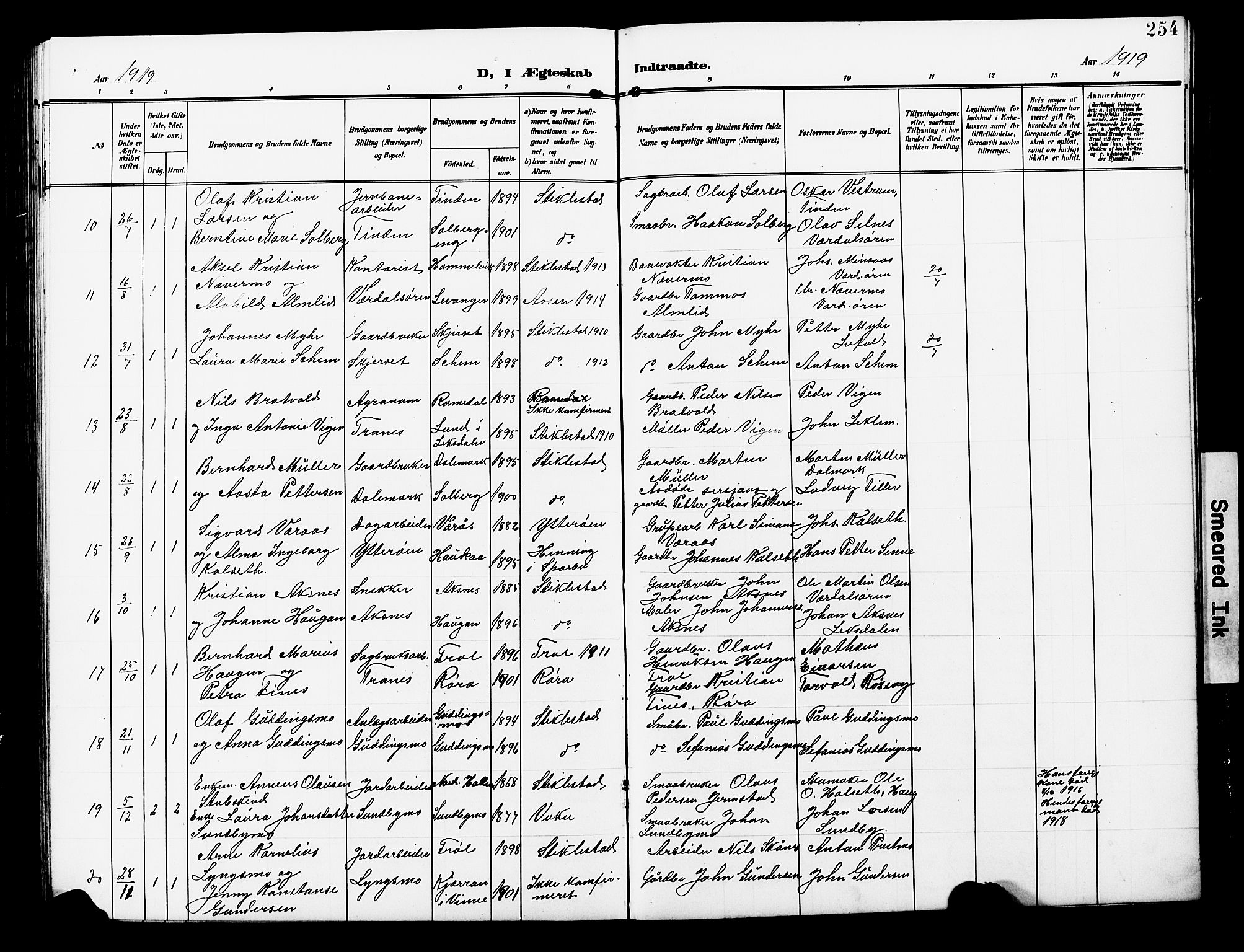 Ministerialprotokoller, klokkerbøker og fødselsregistre - Nord-Trøndelag, AV/SAT-A-1458/723/L0258: Klokkerbok nr. 723C06, 1908-1927, s. 254