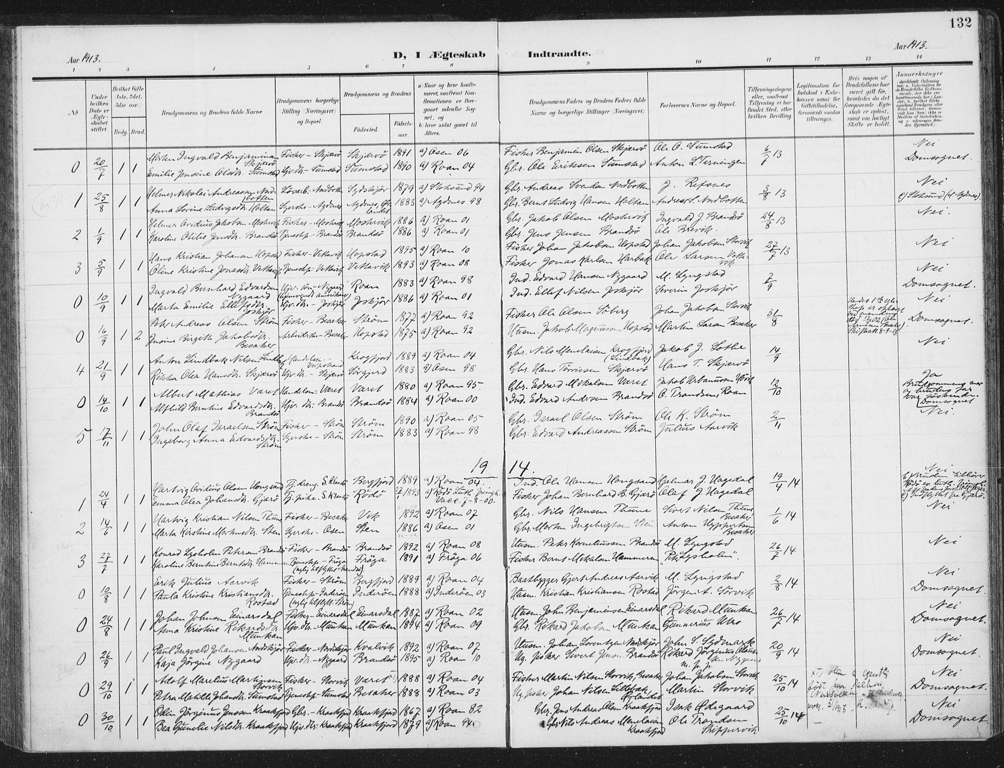 Ministerialprotokoller, klokkerbøker og fødselsregistre - Sør-Trøndelag, AV/SAT-A-1456/657/L0709: Ministerialbok nr. 657A10, 1905-1919, s. 132