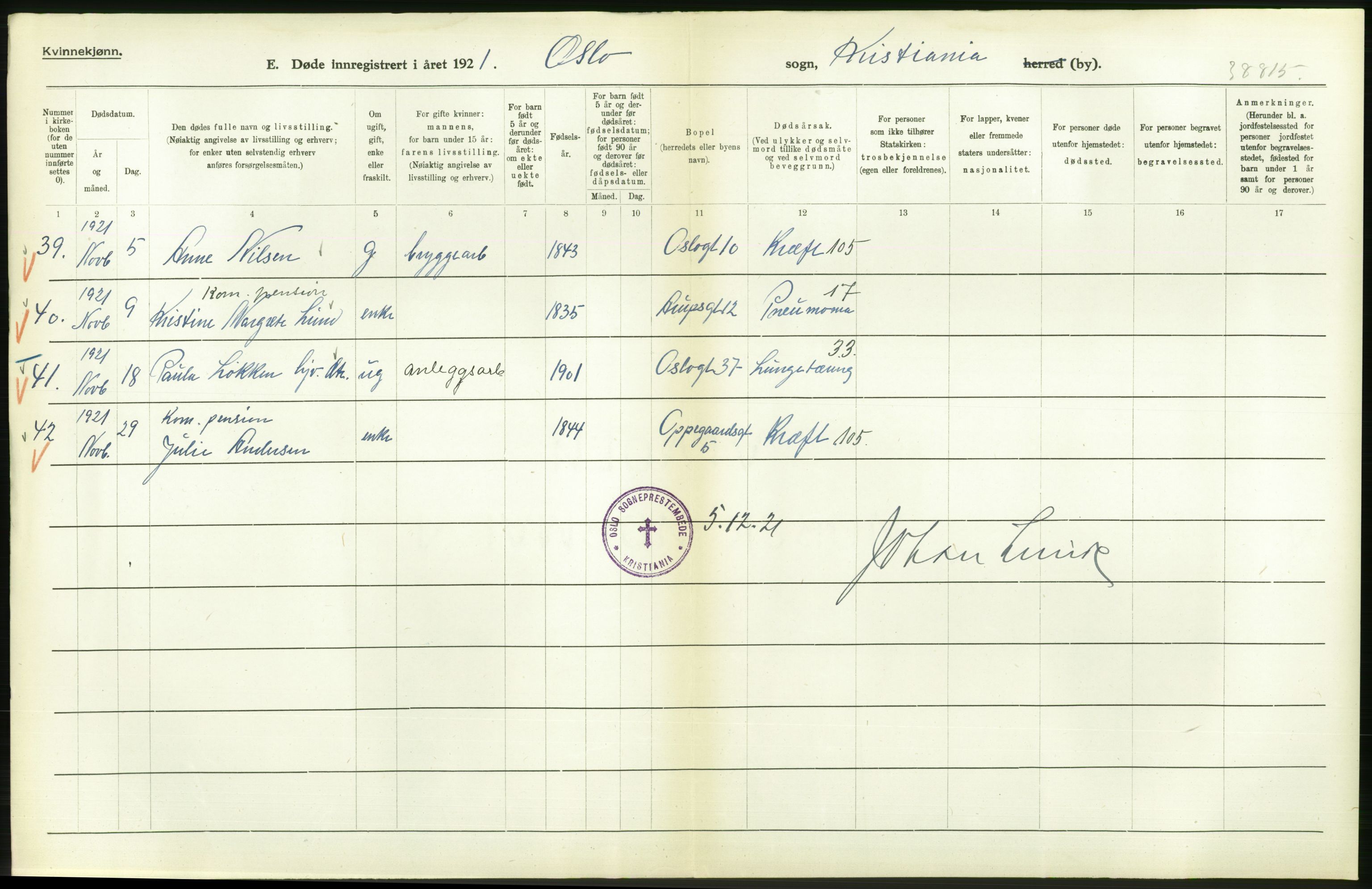 Statistisk sentralbyrå, Sosiodemografiske emner, Befolkning, RA/S-2228/D/Df/Dfc/Dfca/L0013: Kristiania: Døde, dødfødte, 1921, s. 342