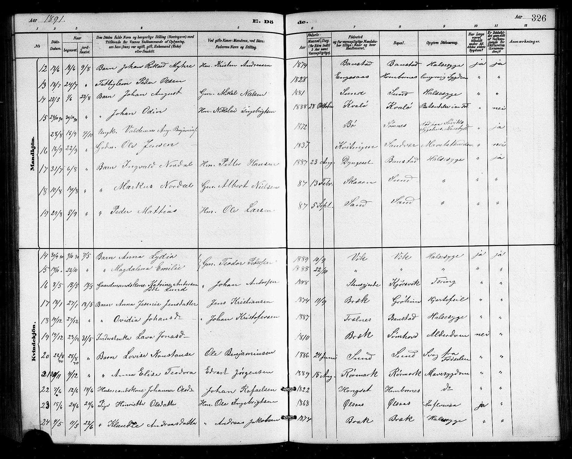 Ministerialprotokoller, klokkerbøker og fødselsregistre - Nordland, SAT/A-1459/812/L0188: Klokkerbok nr. 812C06, 1884-1912, s. 326