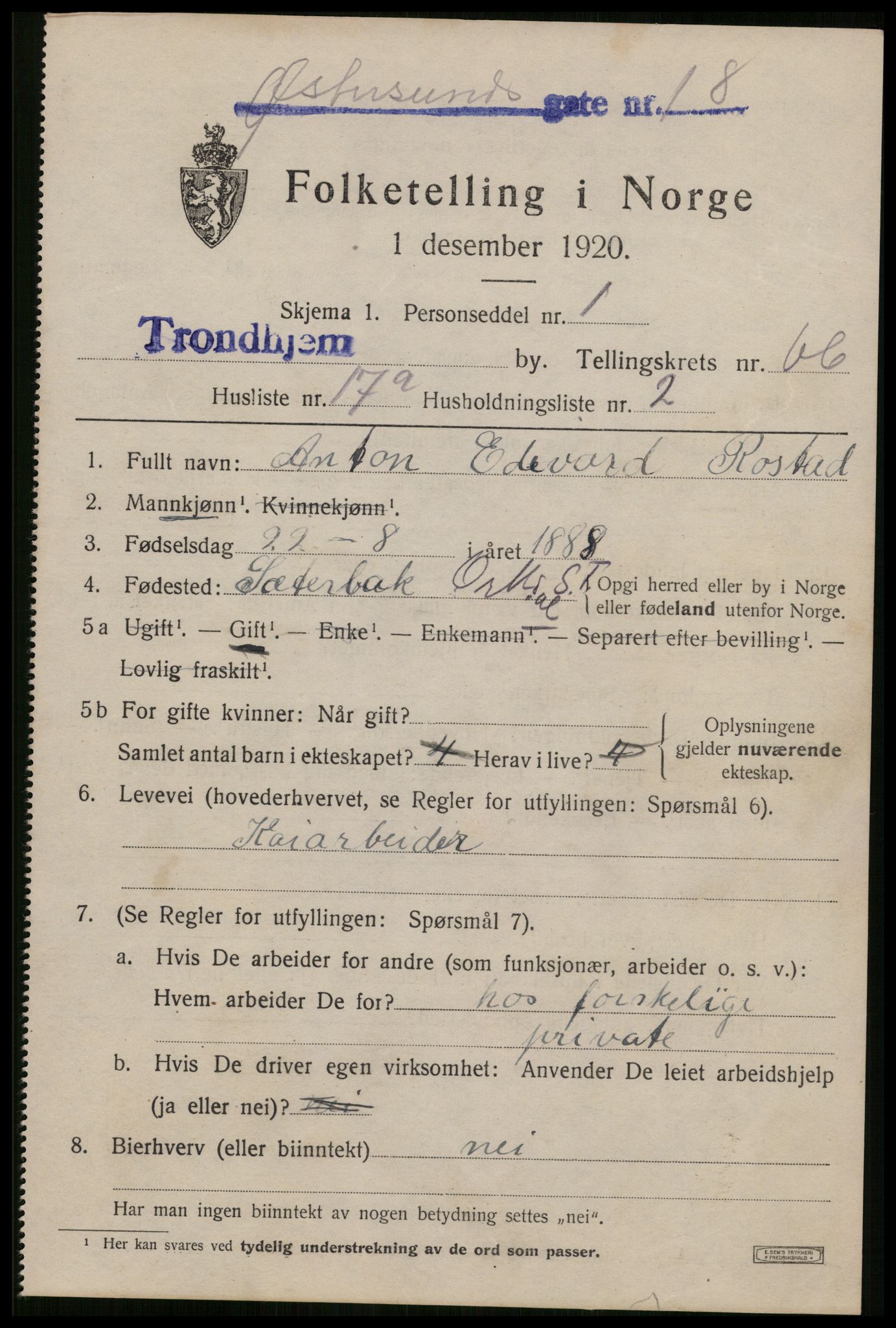 SAT, Folketelling 1920 for 1601 Trondheim kjøpstad, 1920, s. 131414
