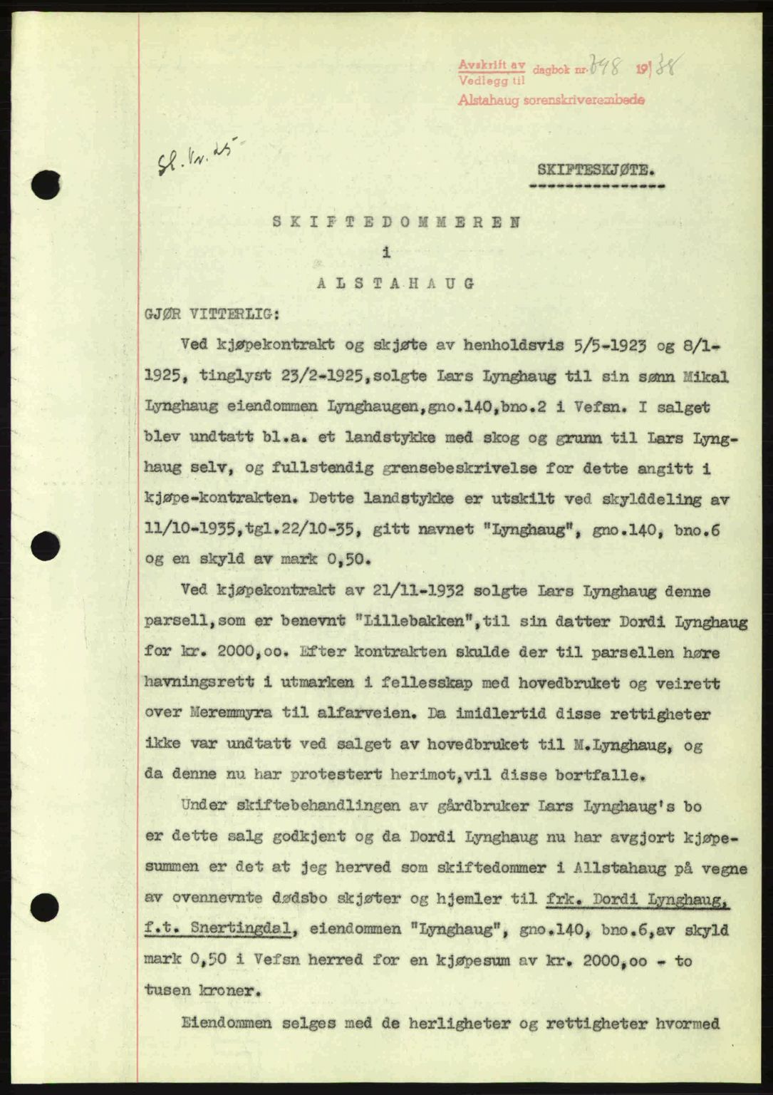 Alstahaug sorenskriveri, SAT/A-1009: Pantebok nr. A3, 1937-1938, Dagboknr: 798/1938