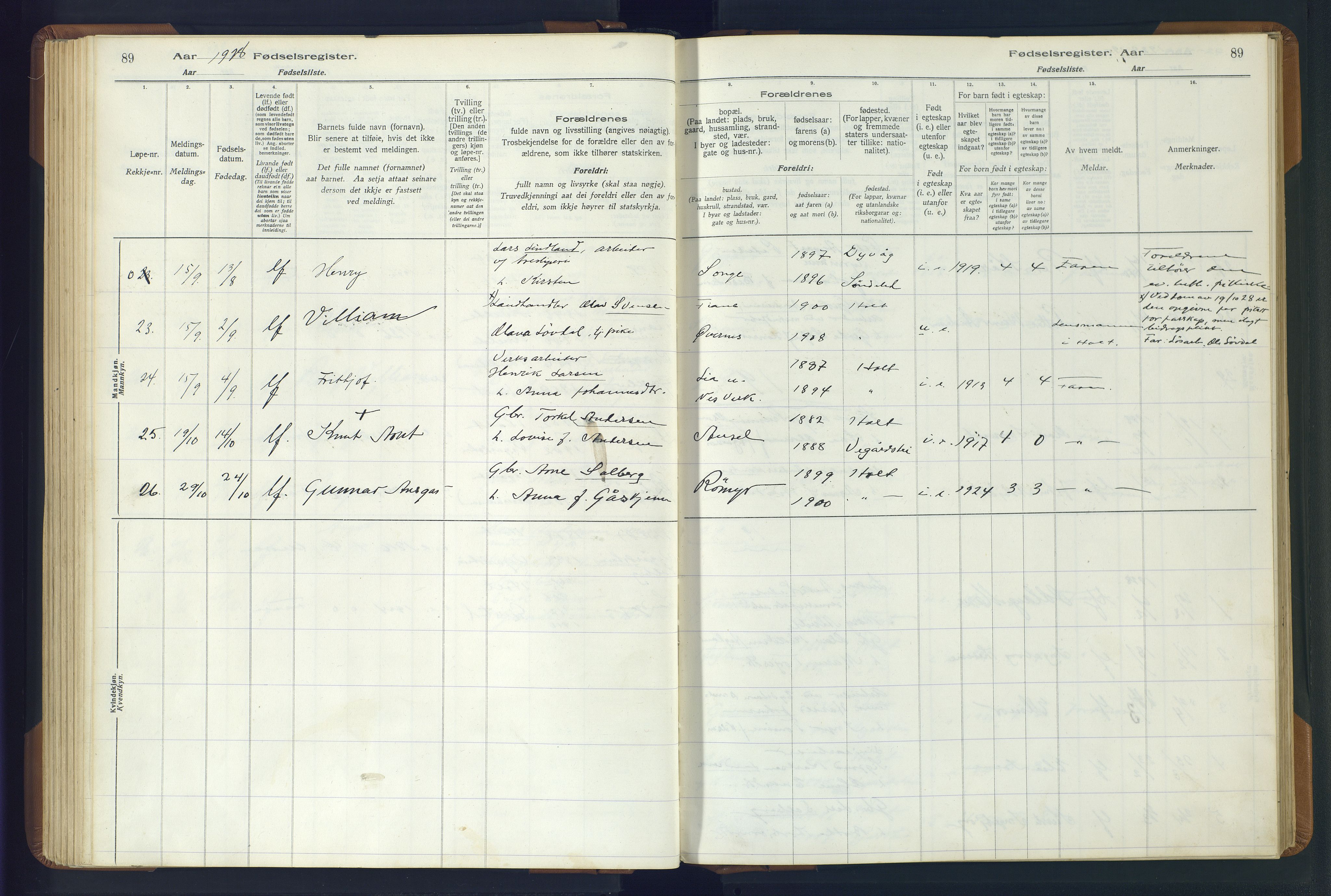 Holt sokneprestkontor, AV/SAK-1111-0021/J/Ja/L0001: Fødselsregister nr. II.4.1, 1916-1946, s. 89