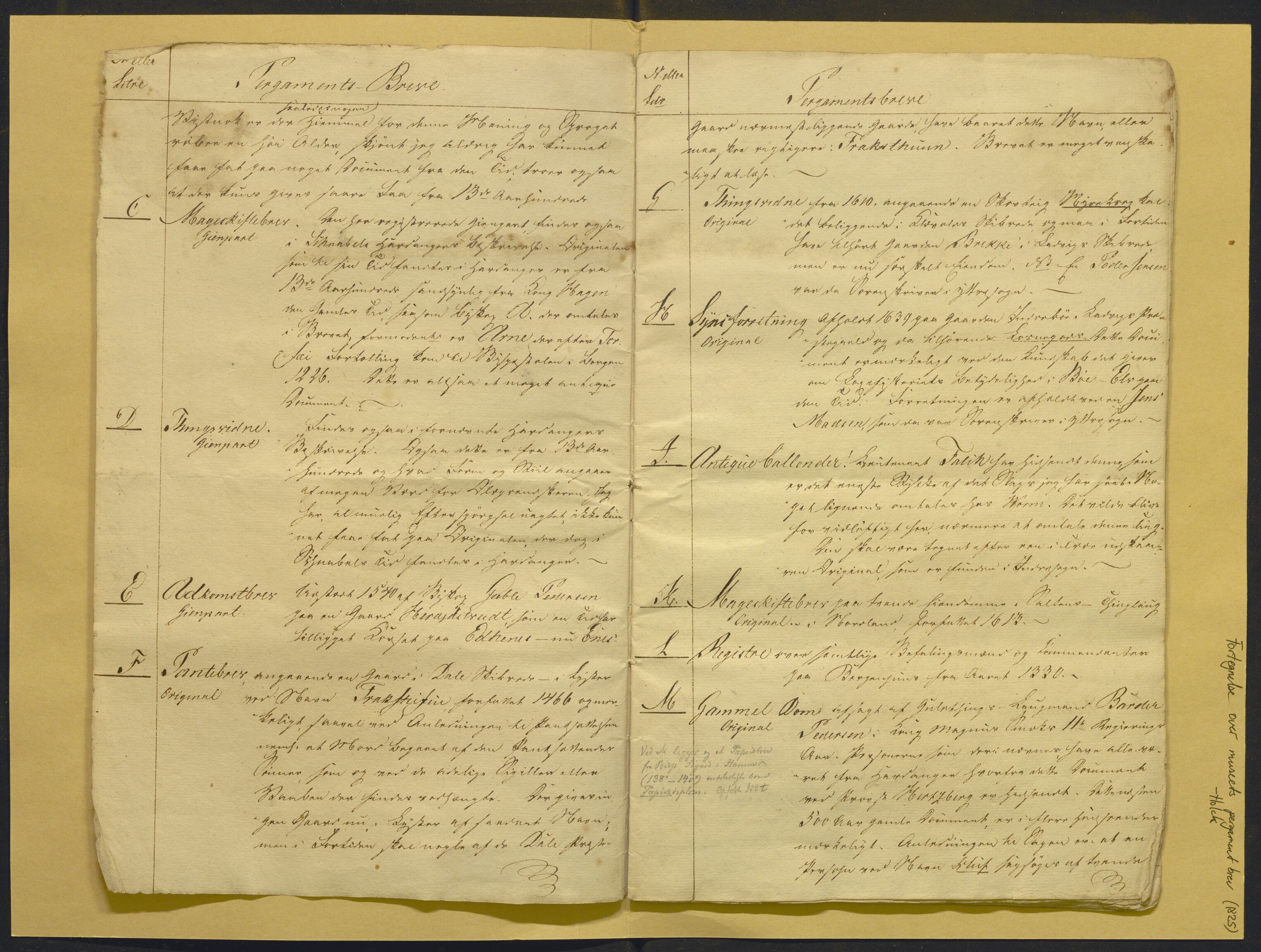 Bergens Museum, AV/SAB-A-17301/02/F/L0001: Kataloger over gjenstander og pergamentbrev , 1825-1880, s. 3
