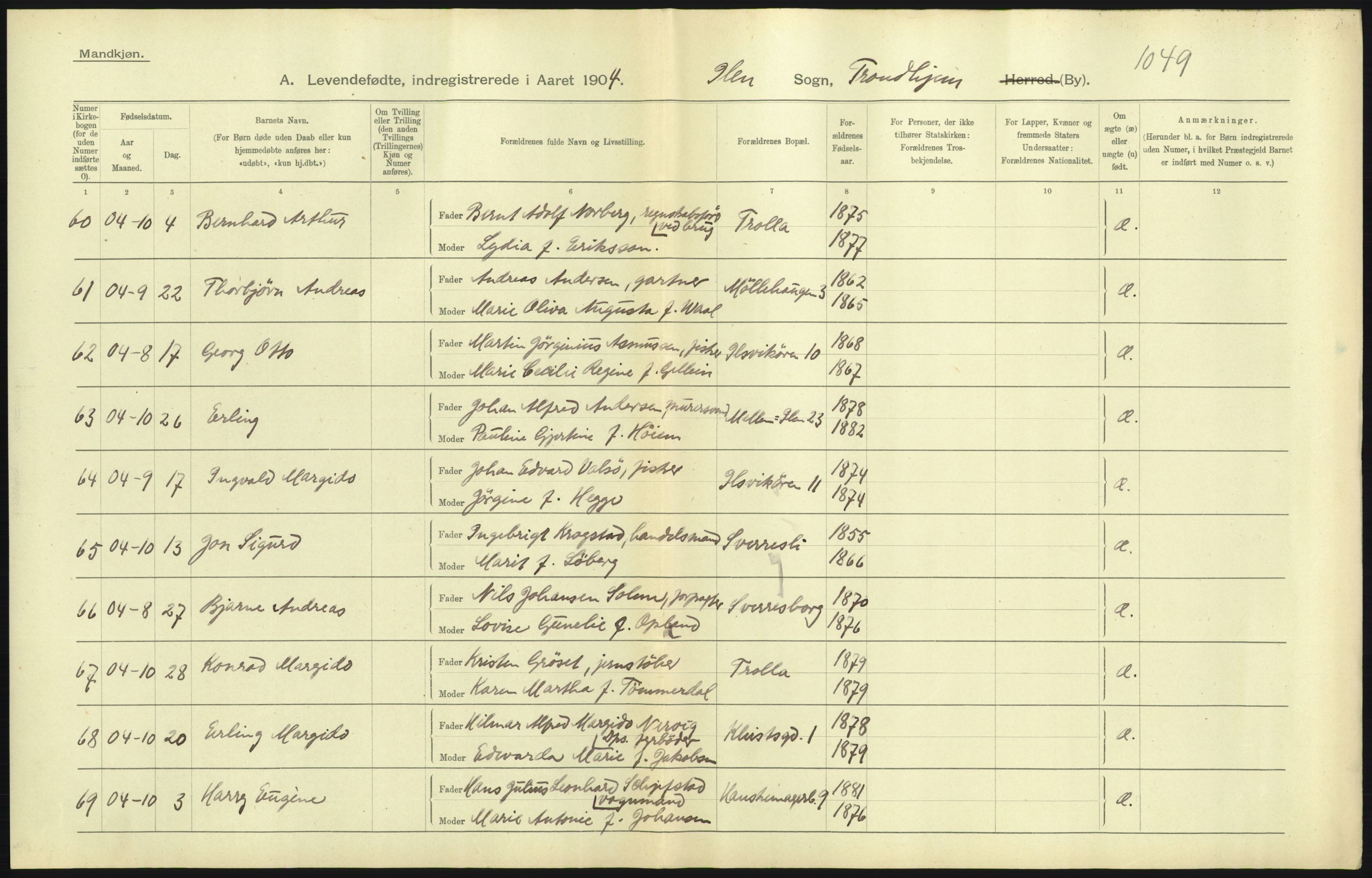 Statistisk sentralbyrå, Sosiodemografiske emner, Befolkning, AV/RA-S-2228/D/Df/Dfa/Dfab/L0018: Trondhjem: Fødte, gifte, døde., 1904, s. 175