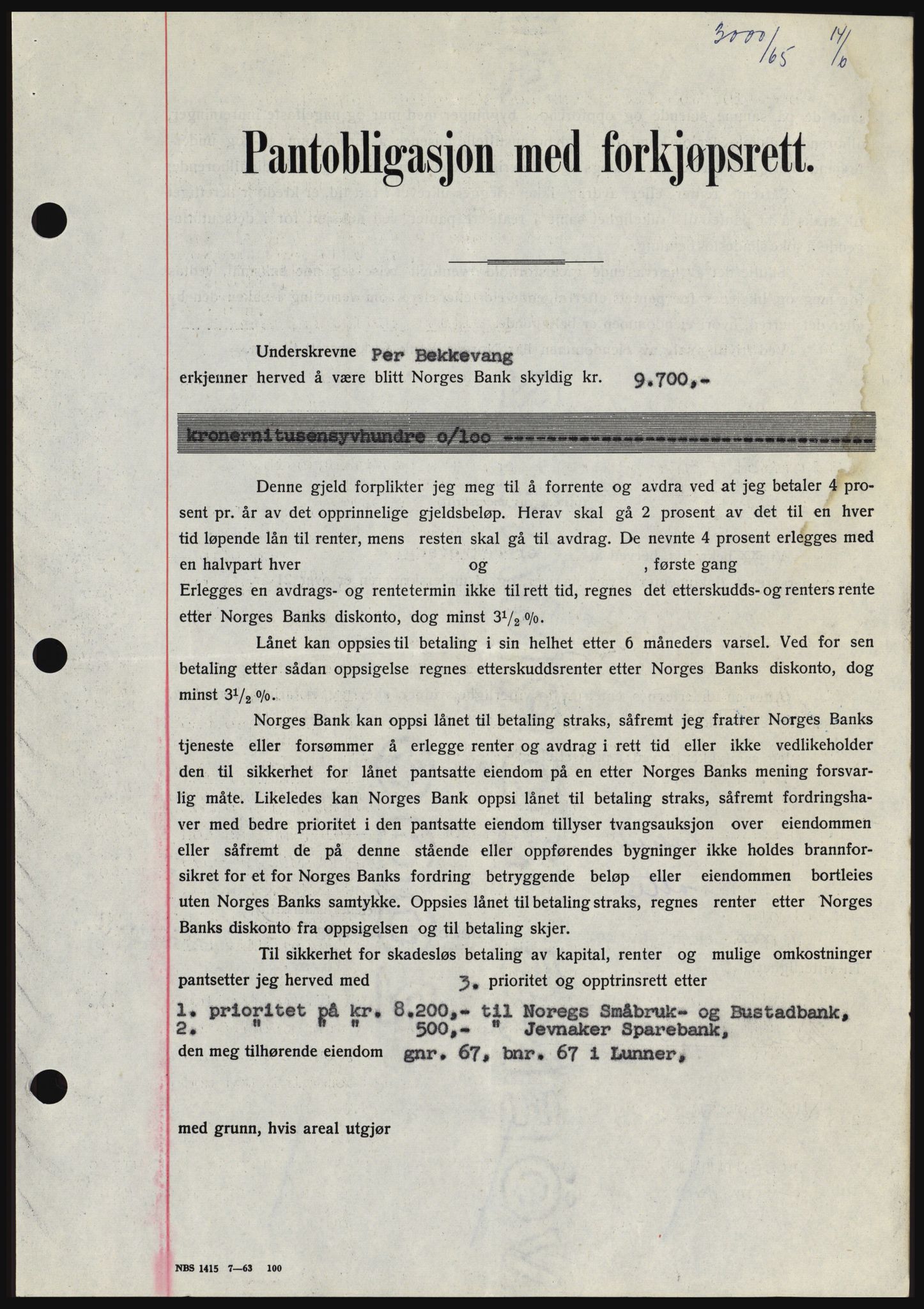 Hadeland og Land tingrett, SAH/TING-010/H/Hb/Hbc/L0059: Pantebok nr. B59, 1965-1965, Dagboknr: 3000/1965