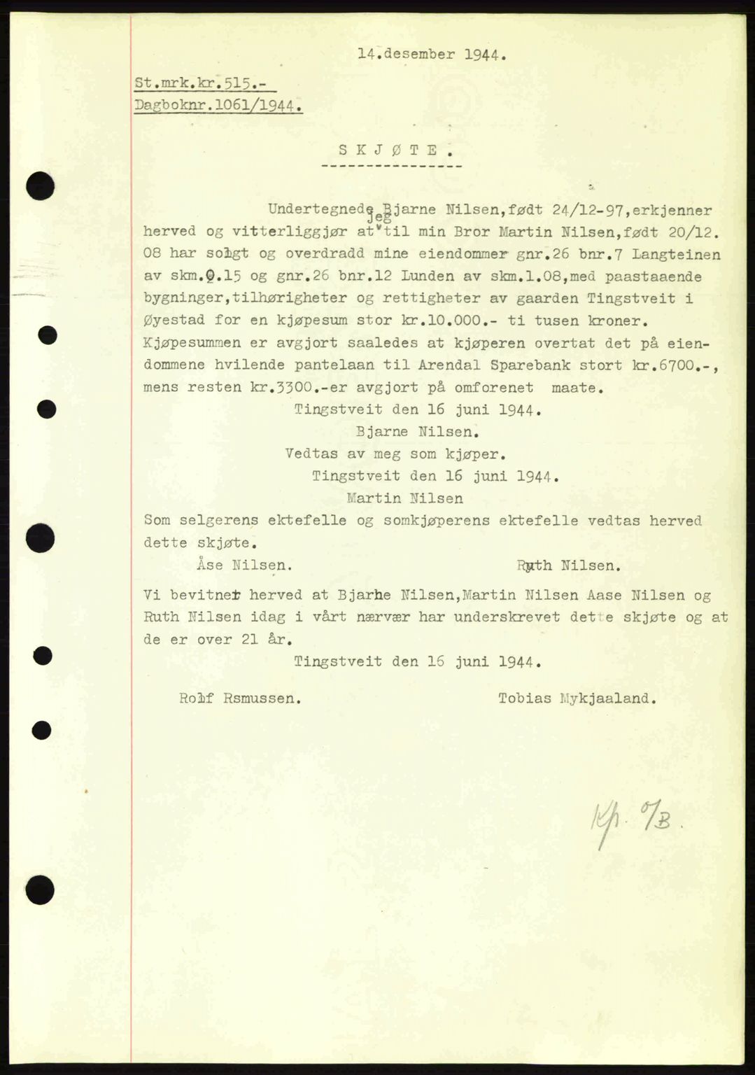 Nedenes sorenskriveri, AV/SAK-1221-0006/G/Gb/Gba/L0052: Pantebok nr. A6a, 1944-1945, Dagboknr: 1061/1944