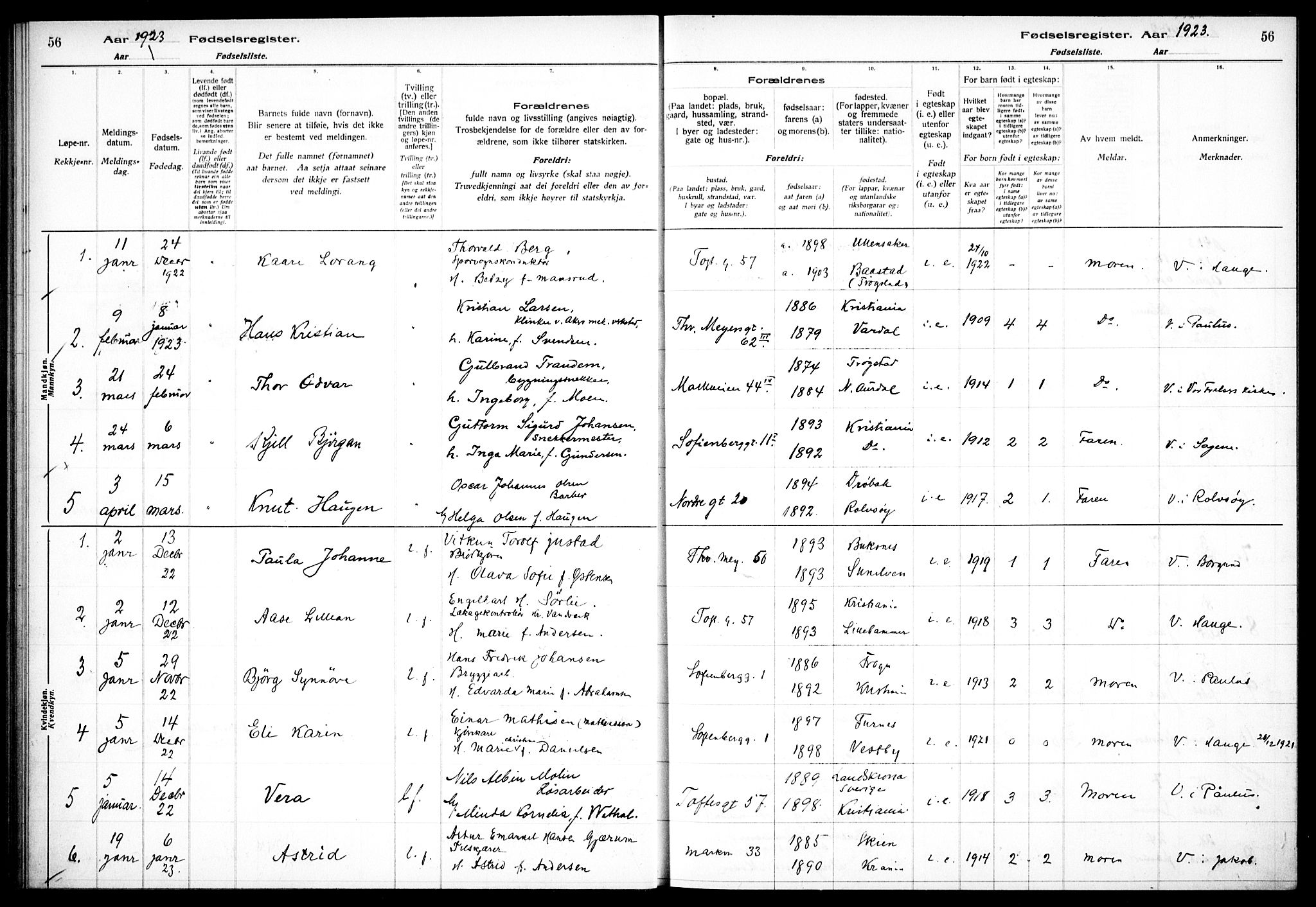 Hauge prestekontor Kirkebøker, AV/SAO-A-10849/J/Ja/L0001: Fødselsregister nr. 1, 1917-1938, s. 56