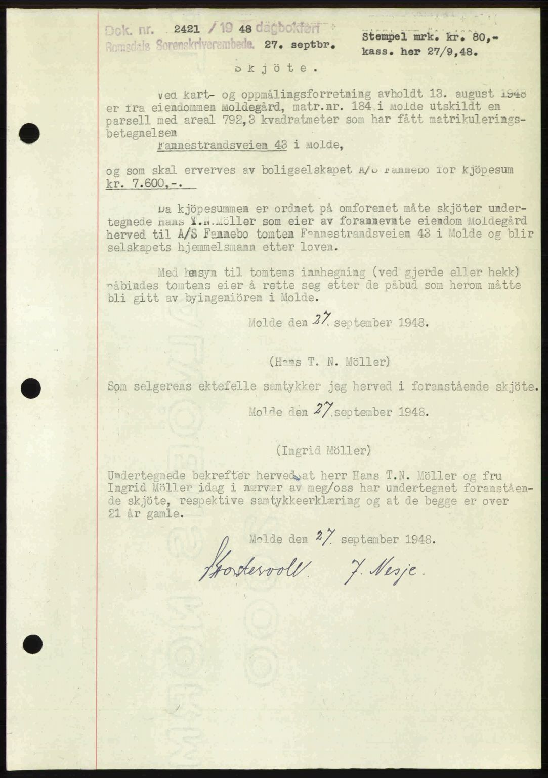 Romsdal sorenskriveri, SAT/A-4149/1/2/2C: Pantebok nr. A27, 1948-1948, Dagboknr: 2421/1948