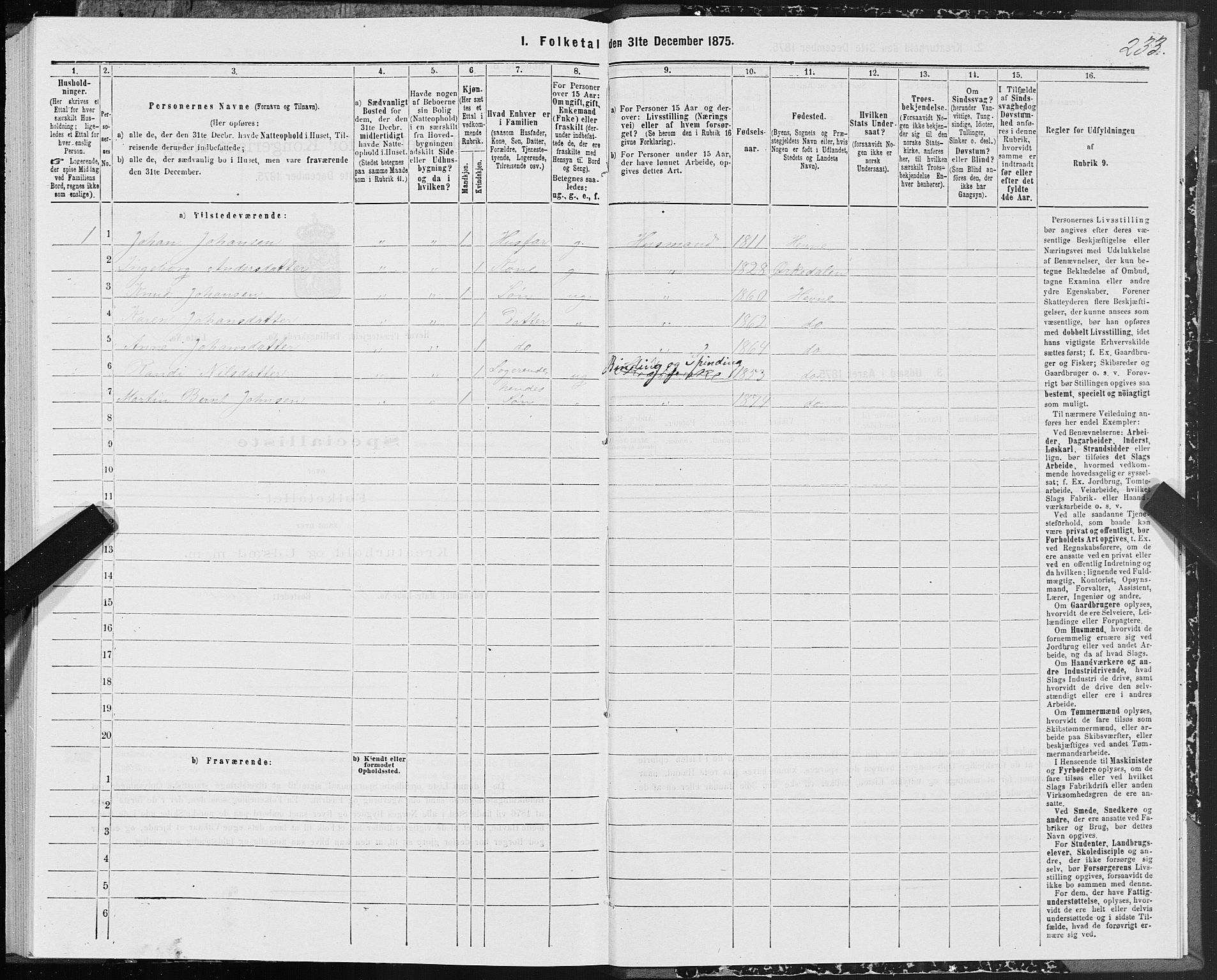 SAT, Folketelling 1875 for 1612P Hemne prestegjeld, 1875, s. 1233