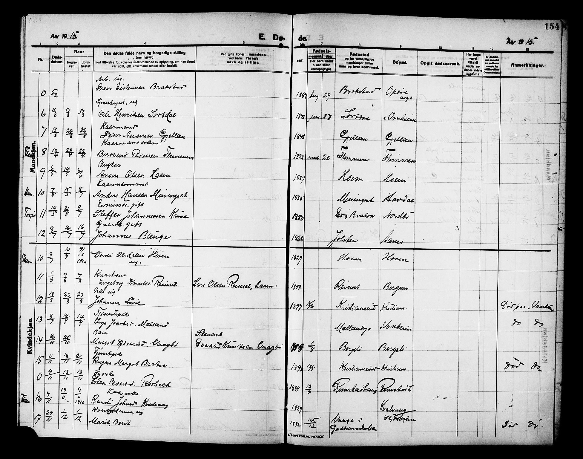 Ministerialprotokoller, klokkerbøker og fødselsregistre - Møre og Romsdal, AV/SAT-A-1454/586/L0993: Klokkerbok nr. 586C04, 1910-1918, s. 154
