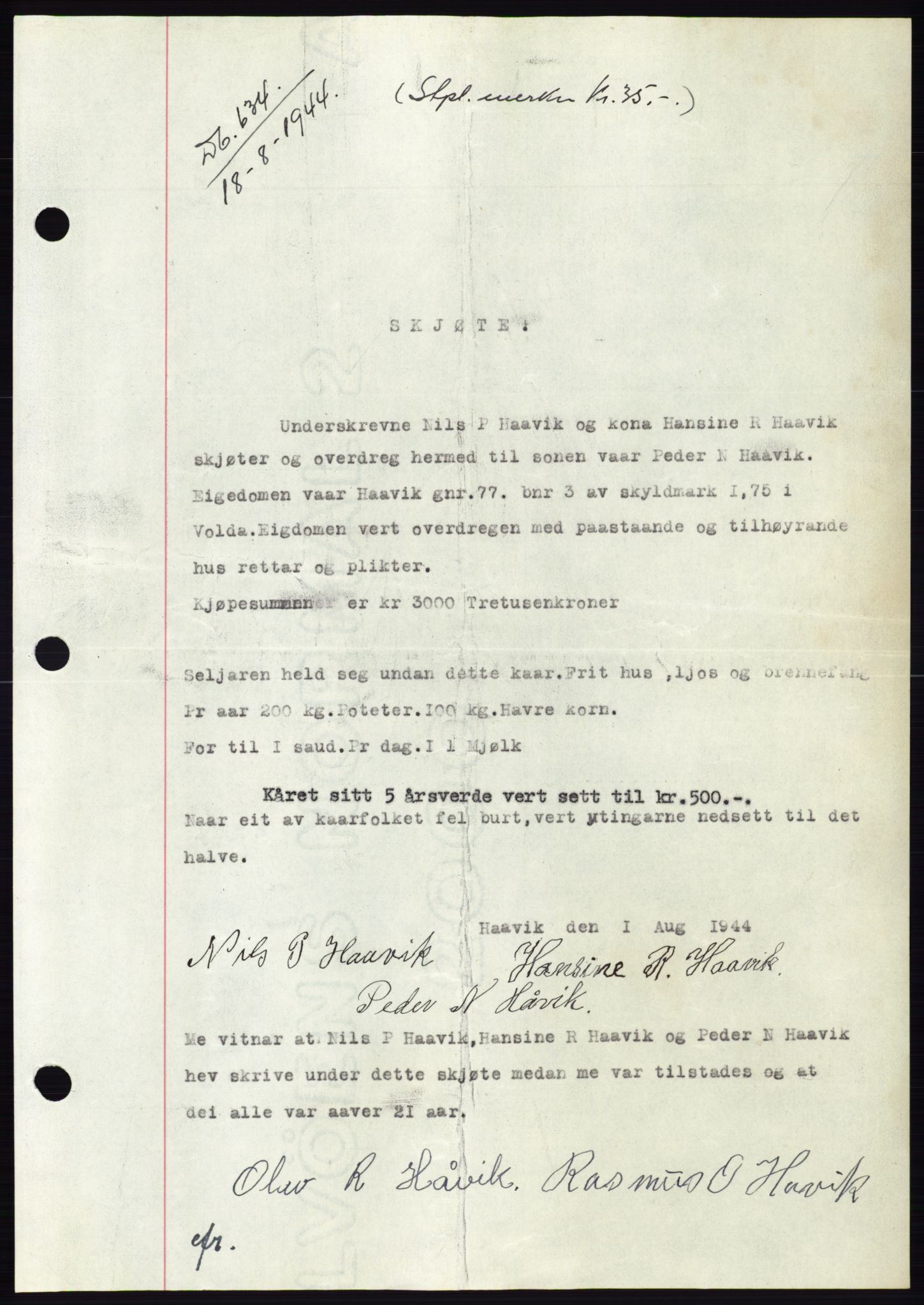 Søre Sunnmøre sorenskriveri, SAT/A-4122/1/2/2C/L0076: Pantebok nr. 2A, 1943-1944, Dagboknr: 634/1944