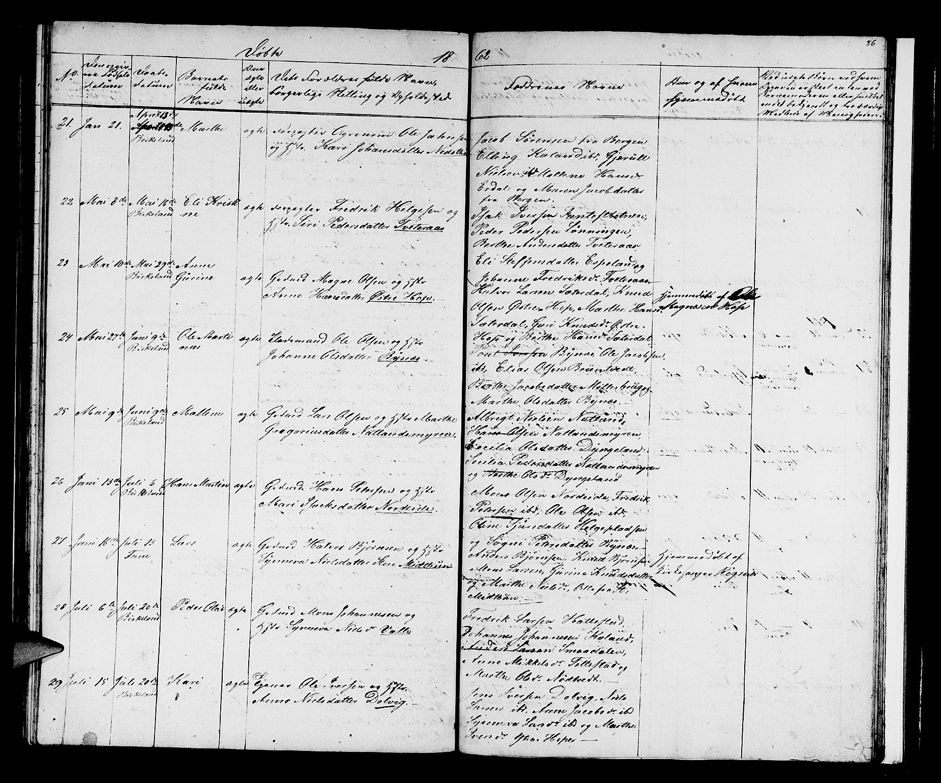 Birkeland Sokneprestembete, AV/SAB-A-74601/H/Hab: Klokkerbok nr. A 1, 1853-1862, s. 86