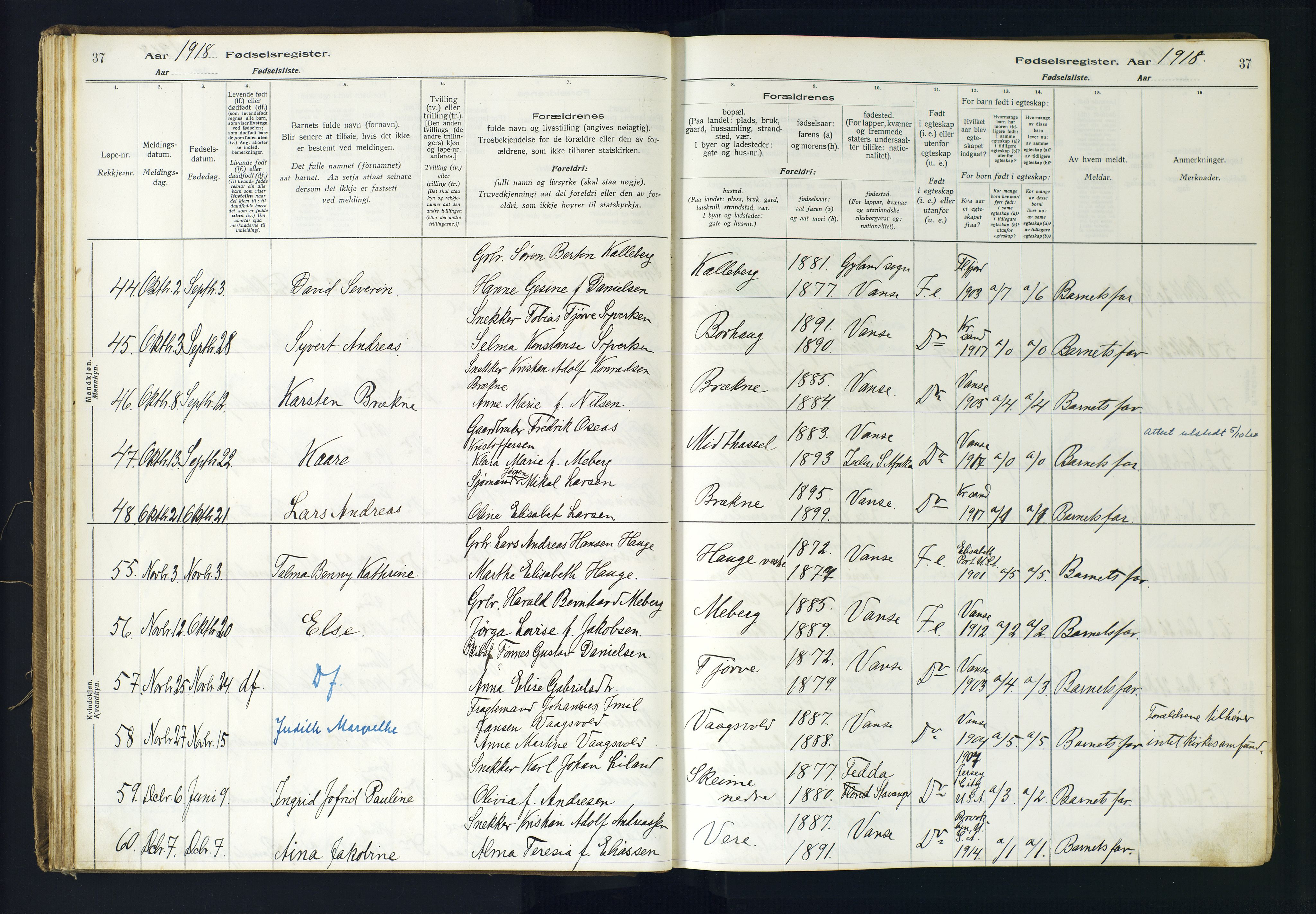 Lista sokneprestkontor, AV/SAK-1111-0027/J/Ja/L0001: Fødselsregister nr. A-VI-30, 1916-1934, s. 37