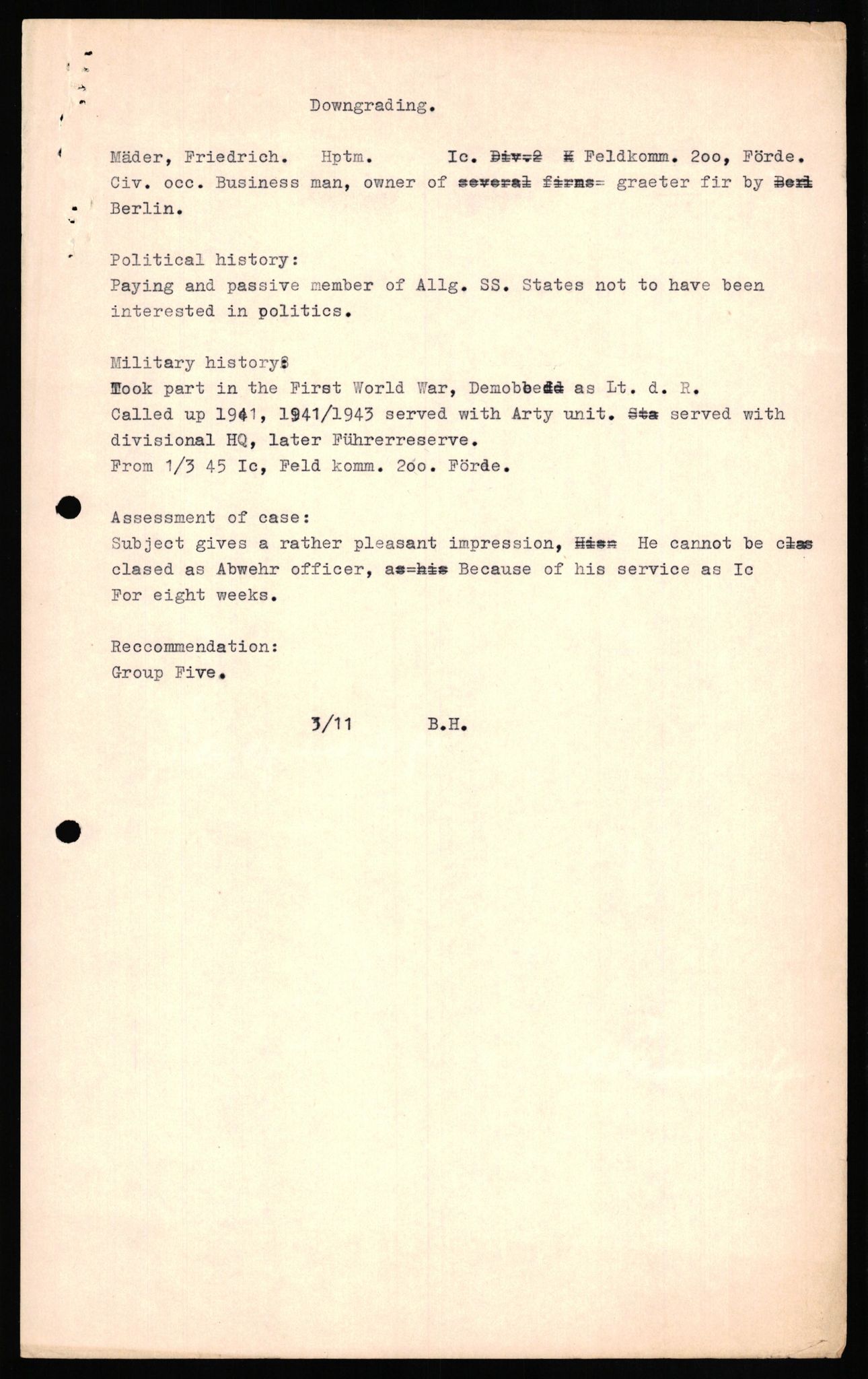 Forsvaret, Forsvarets overkommando II, RA/RAFA-3915/D/Db/L0023: CI Questionaires. Tyske okkupasjonsstyrker i Norge. Tyskere., 1945-1946, s. 330