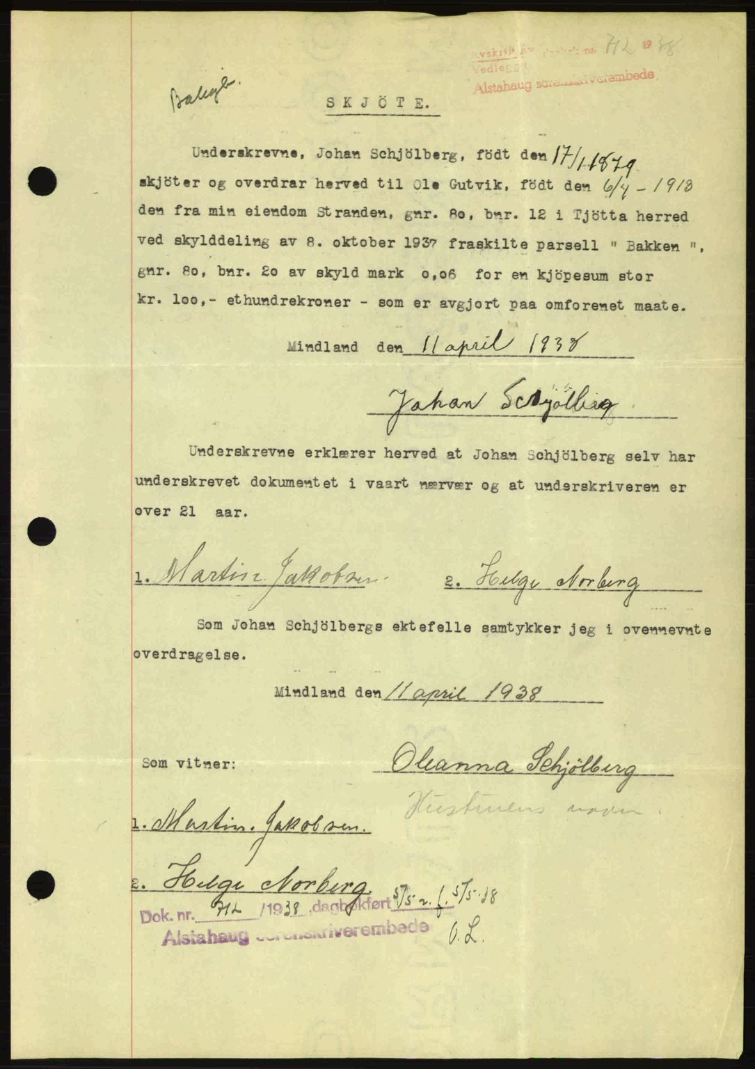 Alstahaug sorenskriveri, SAT/A-1009: Pantebok nr. A3, 1937-1938, Dagboknr: 712/1938