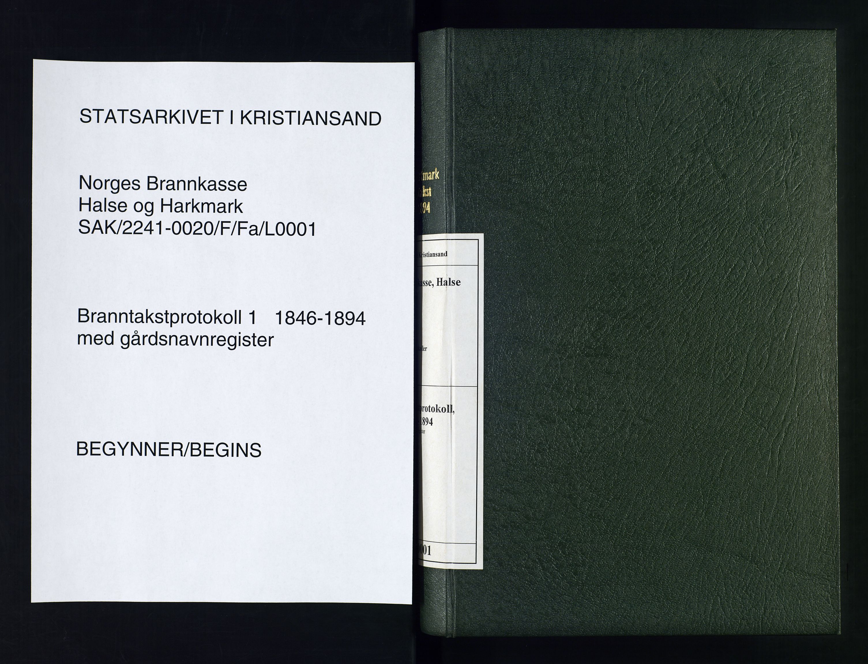 Norges Brannkasse Halse og Harkmark, SAK/2241-0020/F/Fa/L0001: Branntakstprotokoll nr. 1 med gårdsnavnregister, 1846-1894