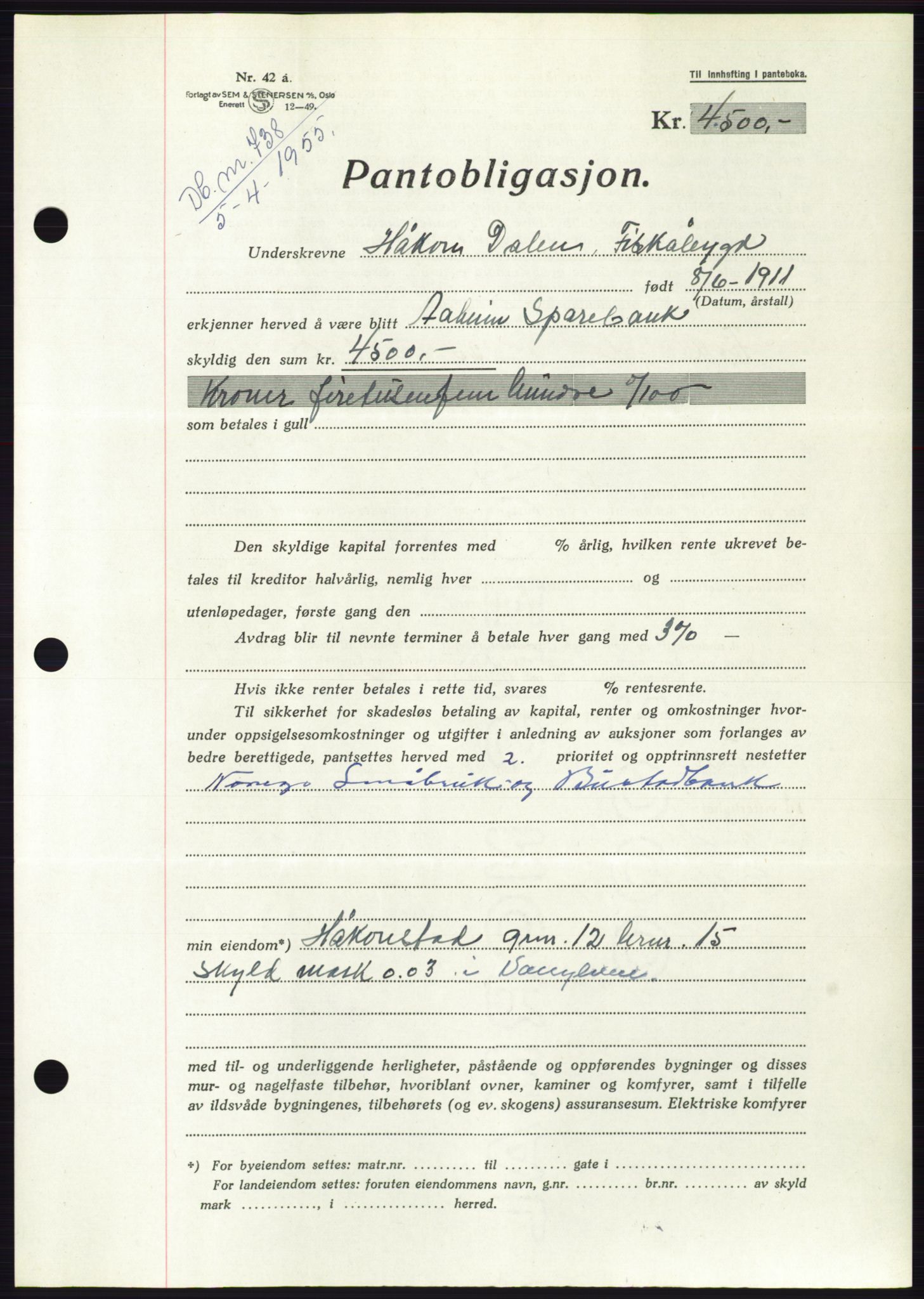 Søre Sunnmøre sorenskriveri, AV/SAT-A-4122/1/2/2C/L0126: Pantebok nr. 14B, 1954-1955, Dagboknr: 738/1955