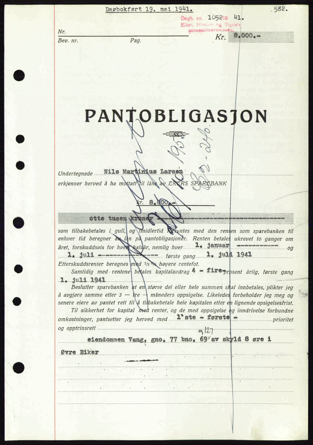 Eiker, Modum og Sigdal sorenskriveri, SAKO/A-123/G/Ga/Gab/L0043: Pantebok nr. A13, 1940-1941, Dagboknr: 1052/1941