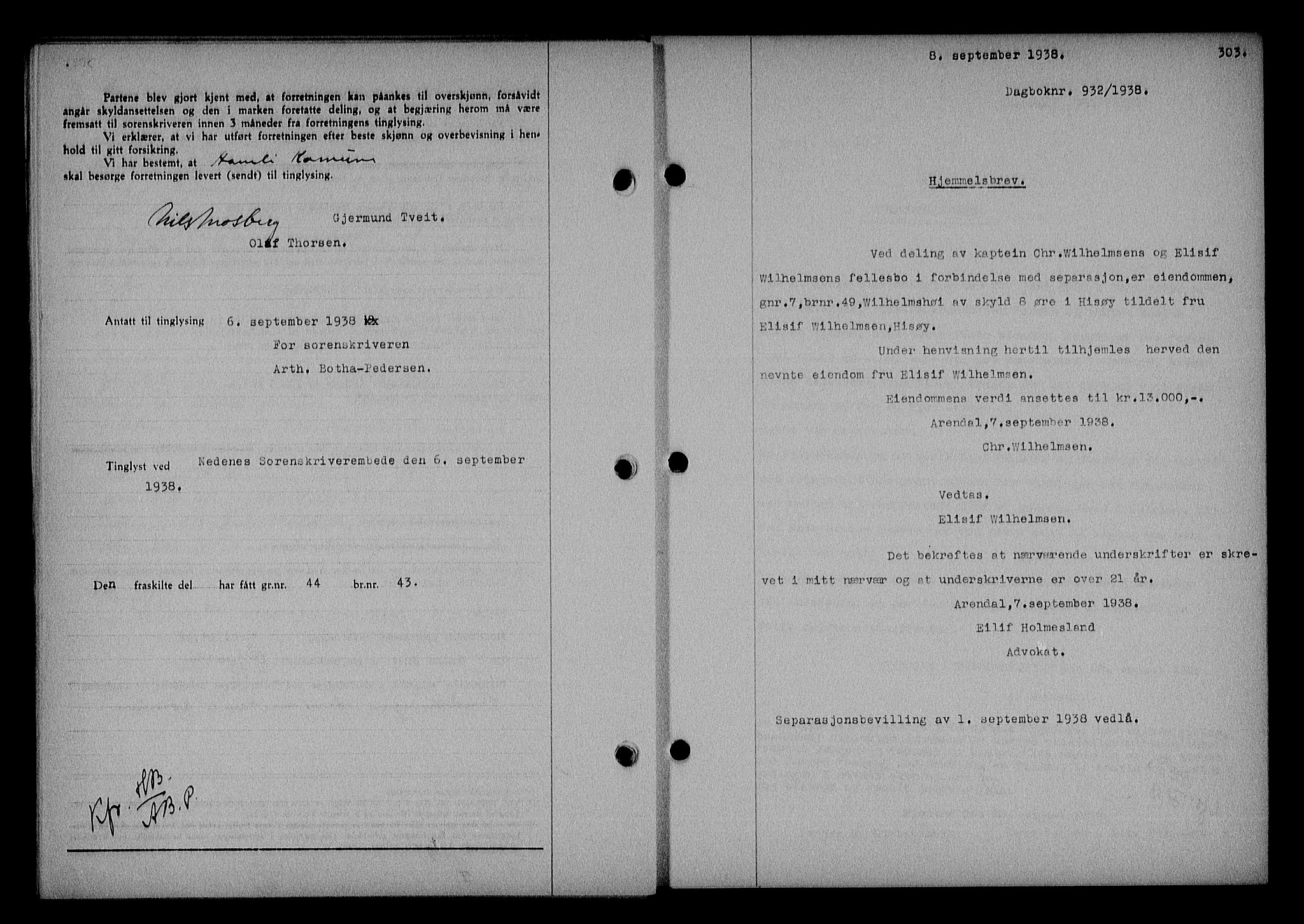 Nedenes sorenskriveri, SAK/1221-0006/G/Gb/Gba/L0045: Pantebok nr. 41, 1938-1938, Dagboknr: 932/1938