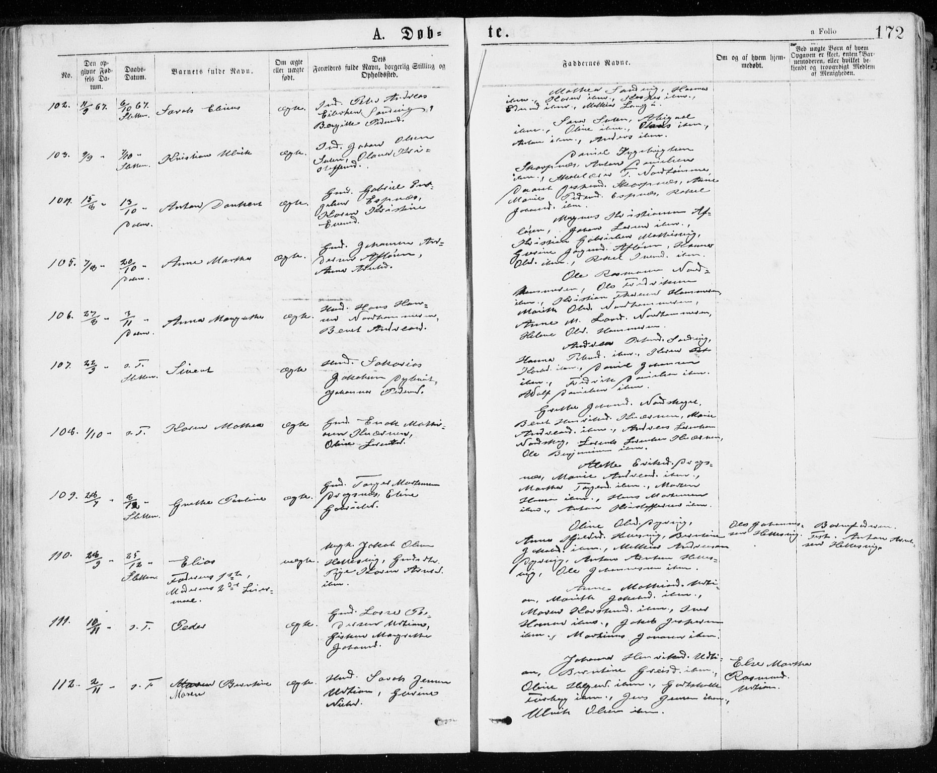 Ministerialprotokoller, klokkerbøker og fødselsregistre - Sør-Trøndelag, SAT/A-1456/640/L0576: Ministerialbok nr. 640A01, 1846-1876, s. 172