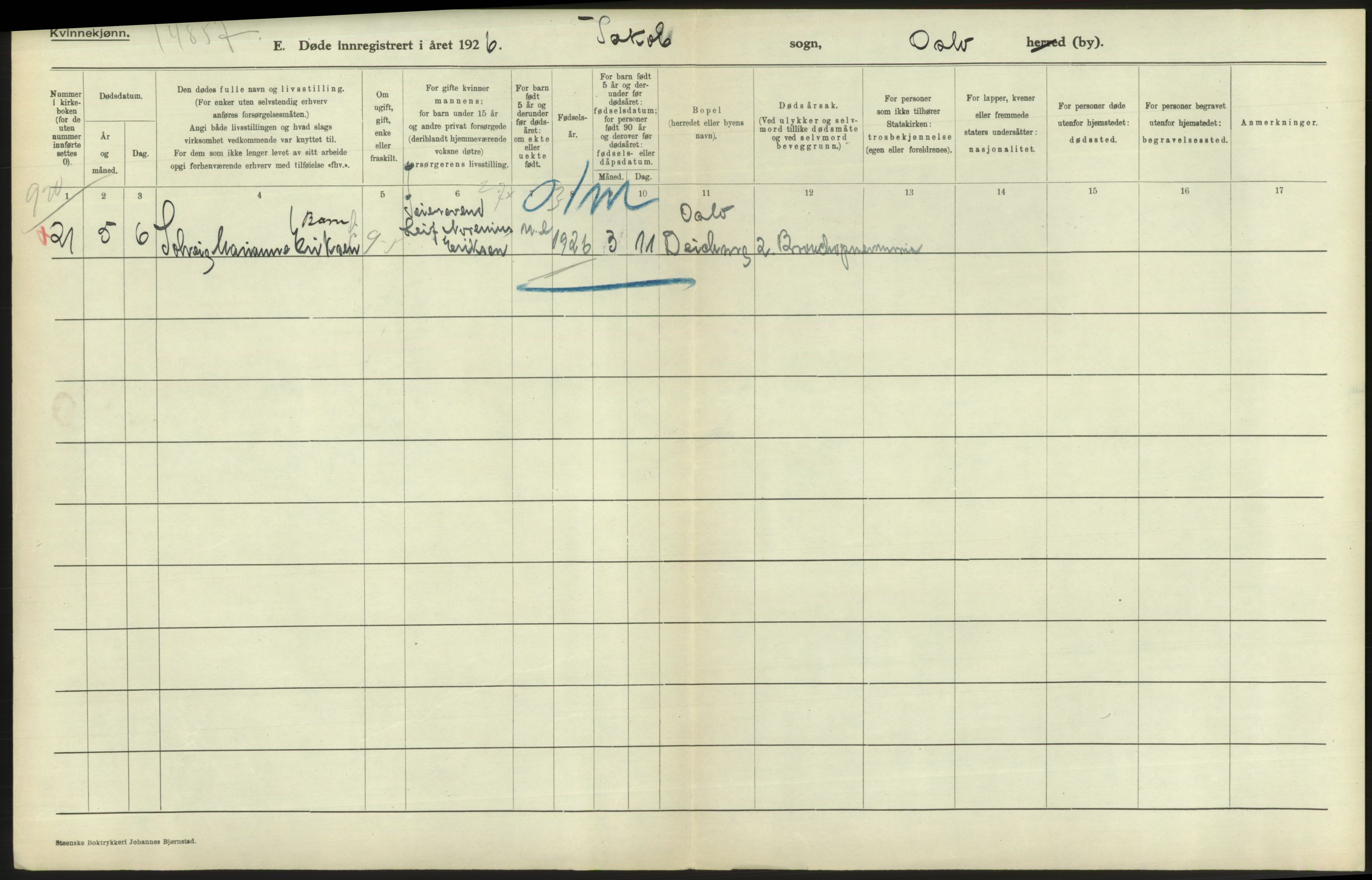 Statistisk sentralbyrå, Sosiodemografiske emner, Befolkning, AV/RA-S-2228/D/Df/Dfc/Dfcf/L0010: Oslo: Døde kvinner, dødfødte, 1926, s. 302