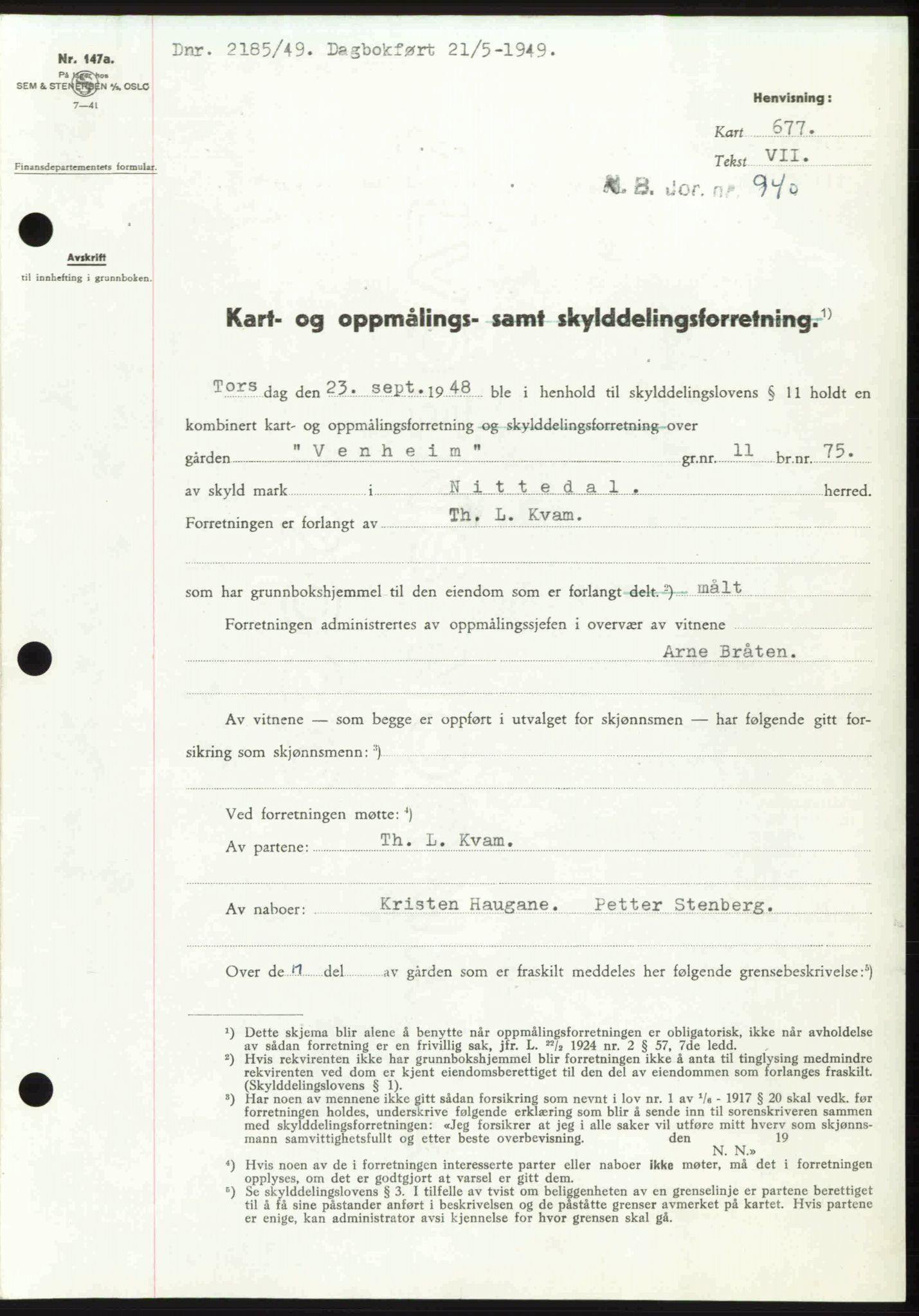 Nedre Romerike sorenskriveri, SAO/A-10469/G/Gb/Gbd/L0025: Pantebok nr. 25, 1949-1949, Dagboknr: 2185/1949