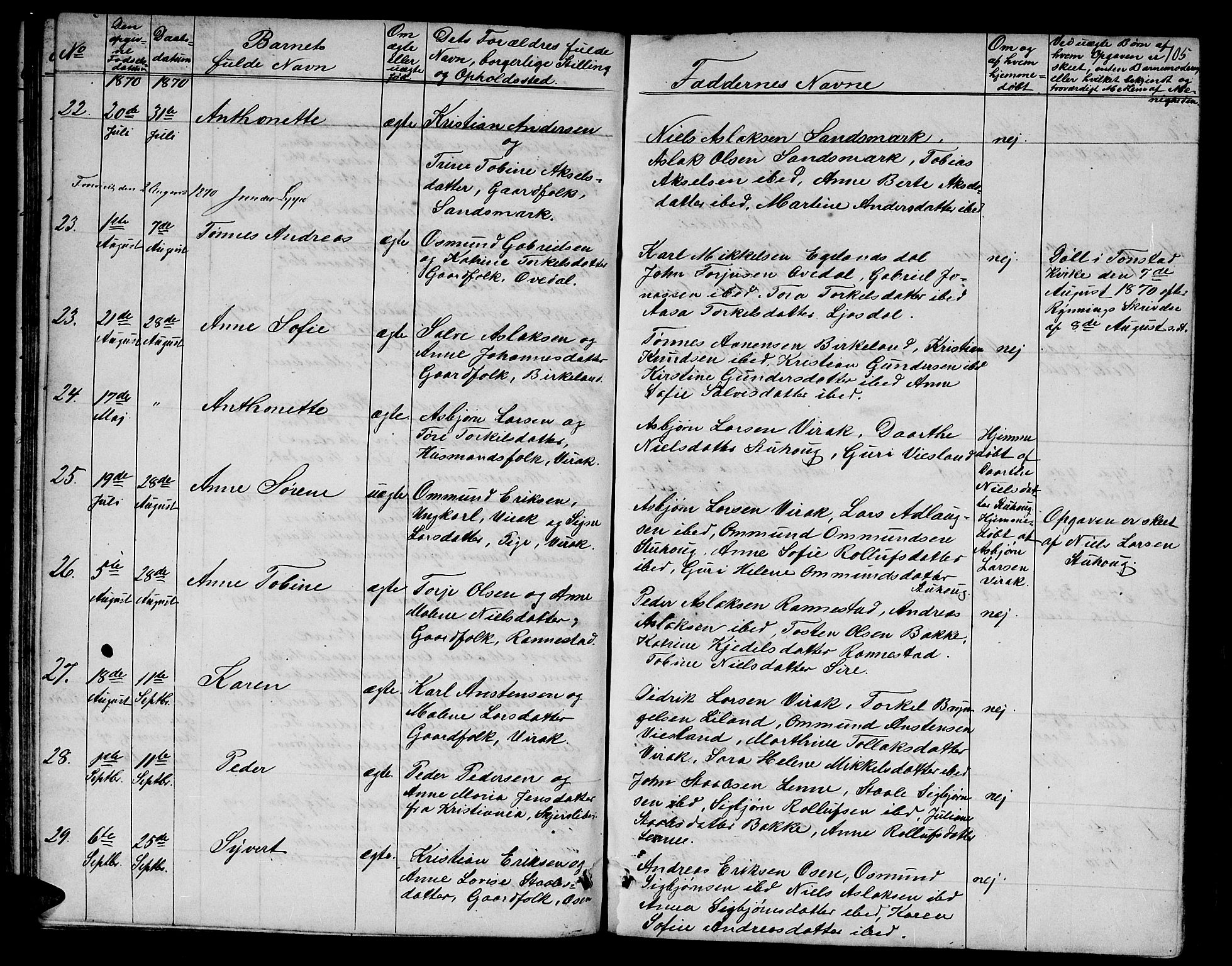Bakke sokneprestkontor, AV/SAK-1111-0002/F/Fb/Fba/L0001: Klokkerbok nr. B 1, 1849-1879, s. 105