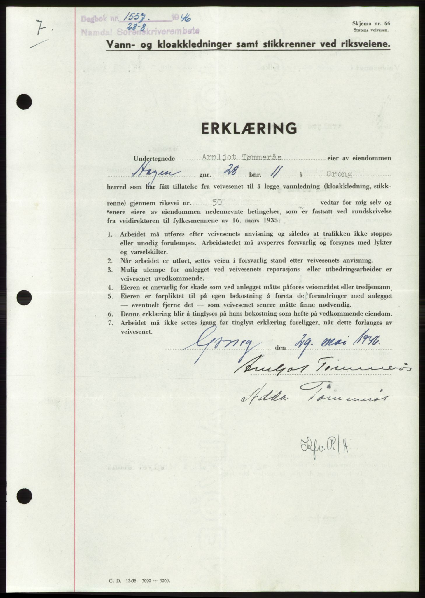Namdal sorenskriveri, SAT/A-4133/1/2/2C: Pantebok nr. -, 1946-1946, Dagboknr: 1557/1946