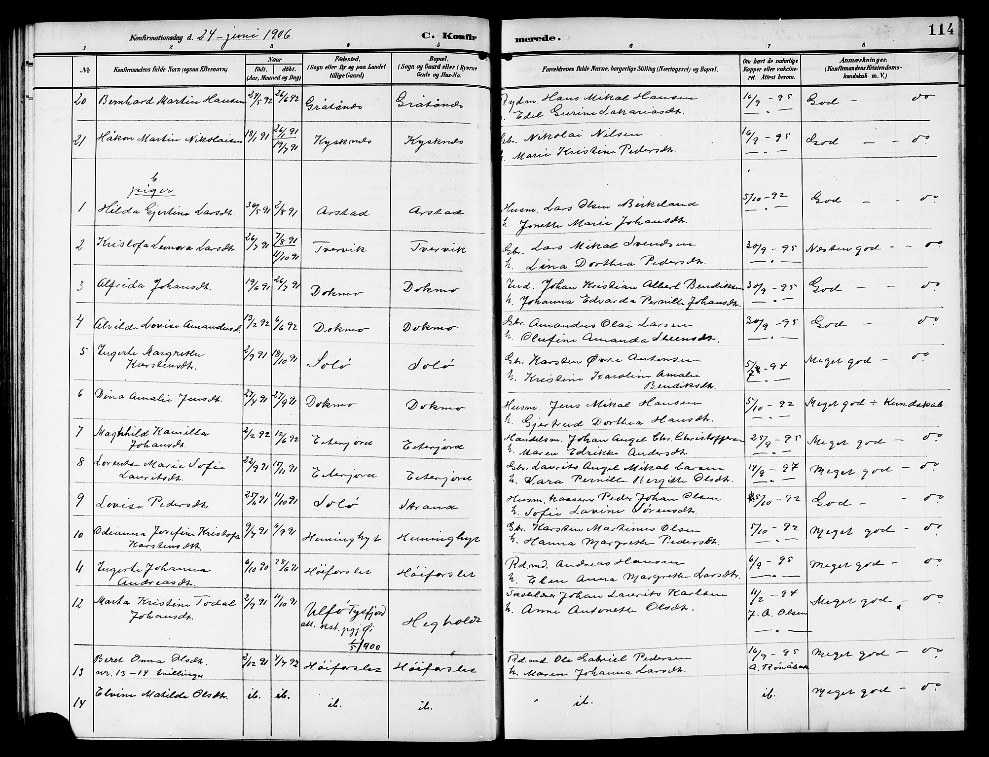 Ministerialprotokoller, klokkerbøker og fødselsregistre - Nordland, AV/SAT-A-1459/846/L0655: Klokkerbok nr. 846C05, 1902-1916, s. 114