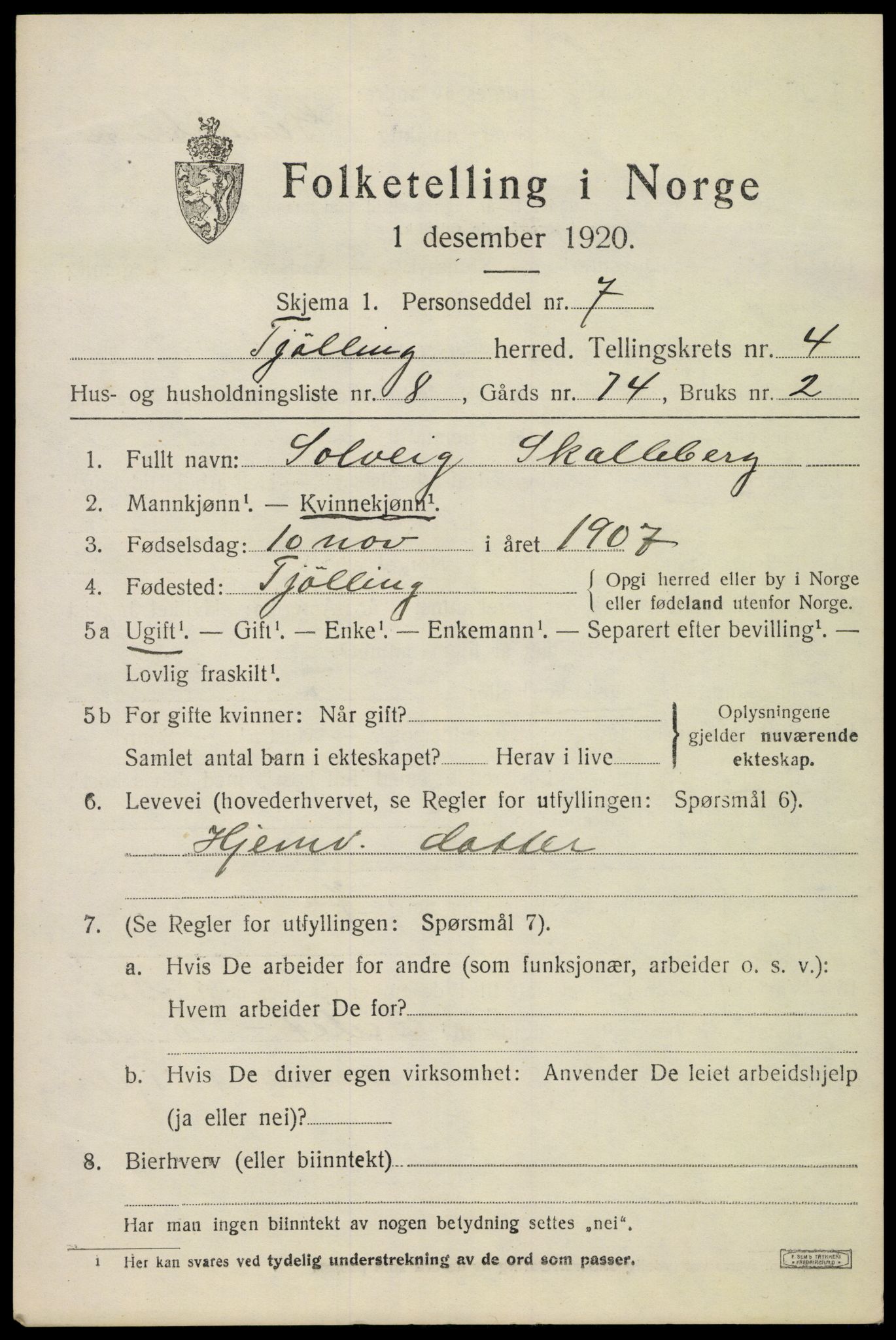 SAKO, Folketelling 1920 for 0725 Tjølling herred, 1920, s. 7615