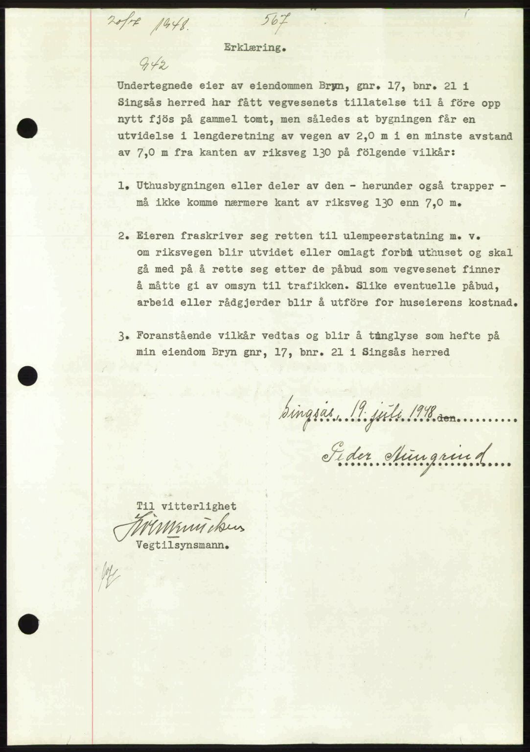 Gauldal sorenskriveri, SAT/A-0014/1/2/2C: Pantebok nr. A6, 1948-1948, Dagboknr: 942/1948