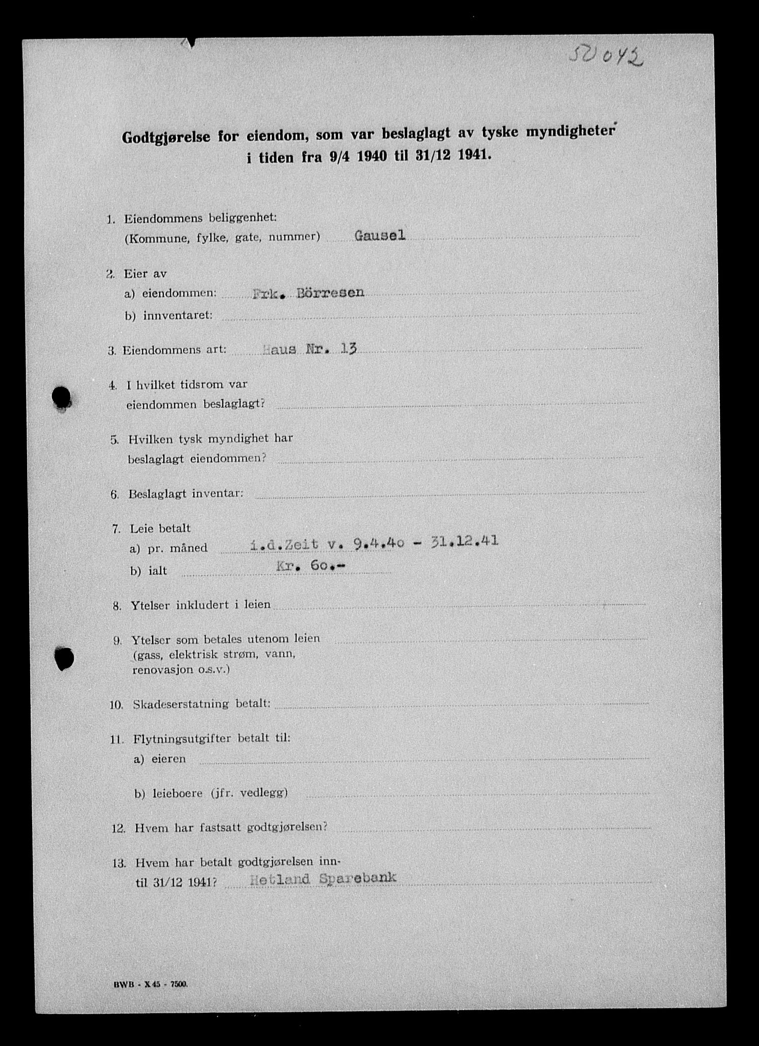 Justisdepartementet, Tilbakeføringskontoret for inndratte formuer, AV/RA-S-1564/I/L1015: Godtgjørelse for beslaglagt eiendom, 1940-1941, s. 442