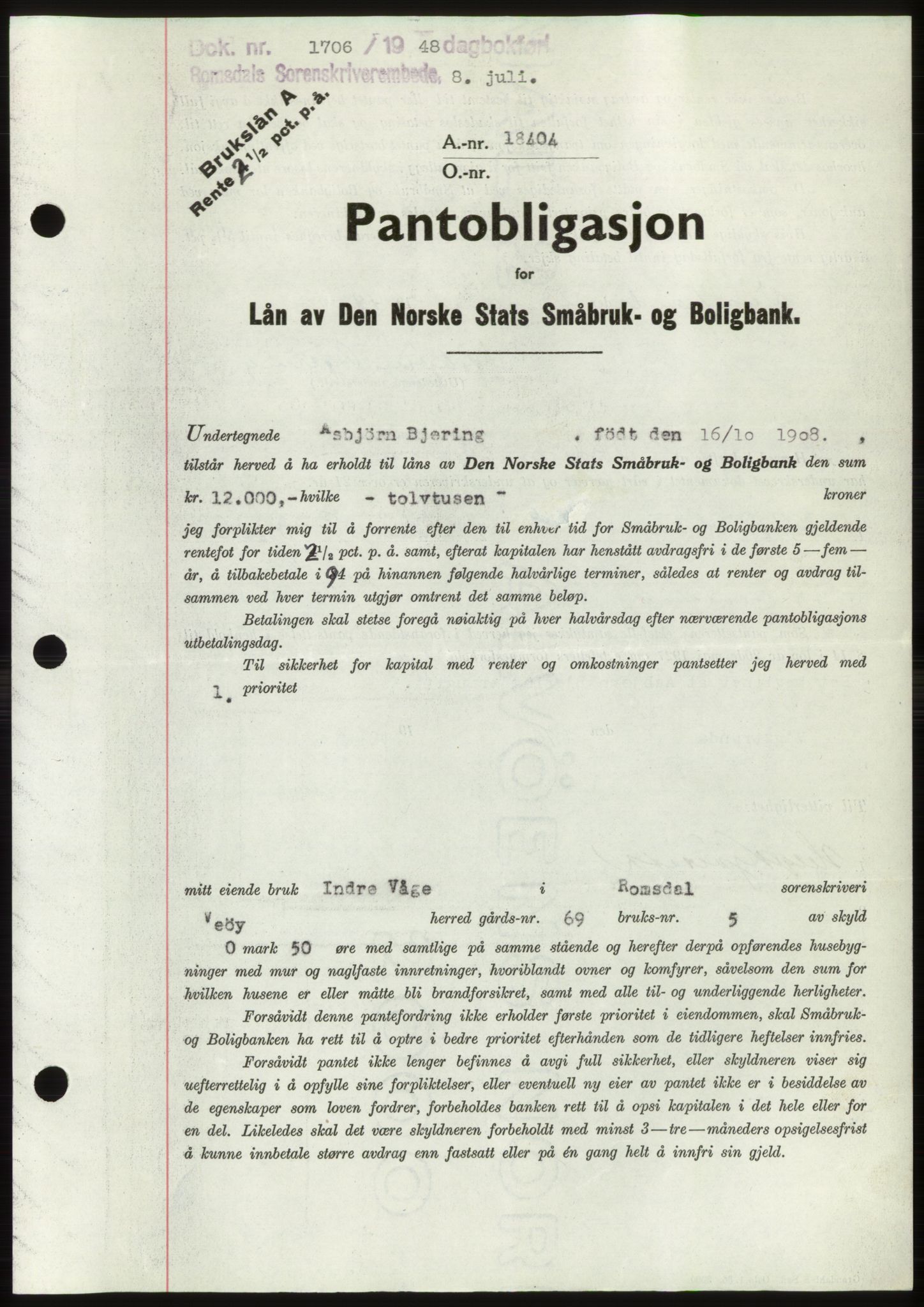 Romsdal sorenskriveri, AV/SAT-A-4149/1/2/2C: Pantebok nr. B4, 1948-1949, Dagboknr: 1706/1948