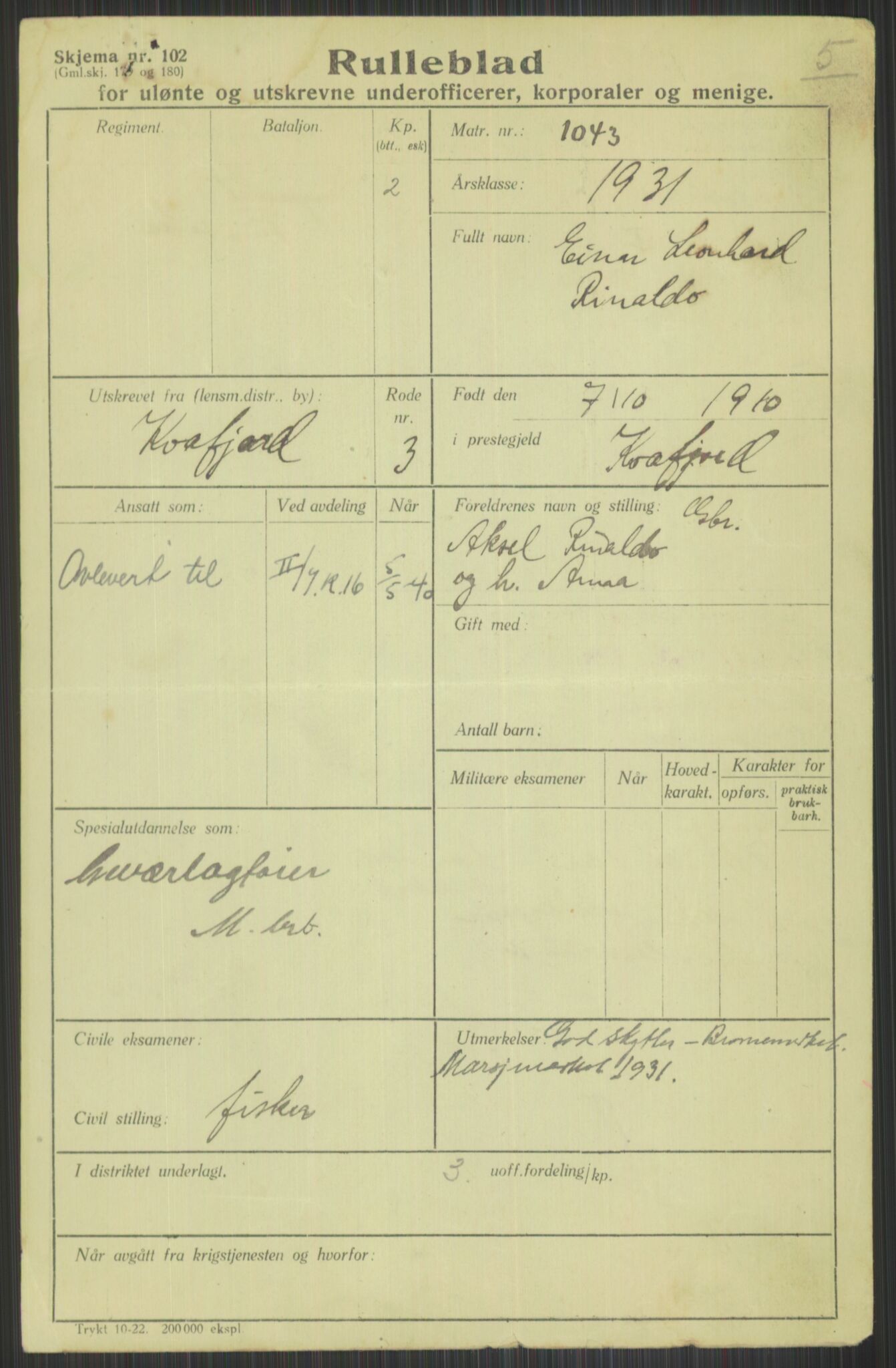 Forsvaret, Troms infanteriregiment nr. 16, AV/RA-RAFA-3146/P/Pa/L0015: Rulleblad for regimentets menige mannskaper, årsklasse 1931, 1931, s. 1025