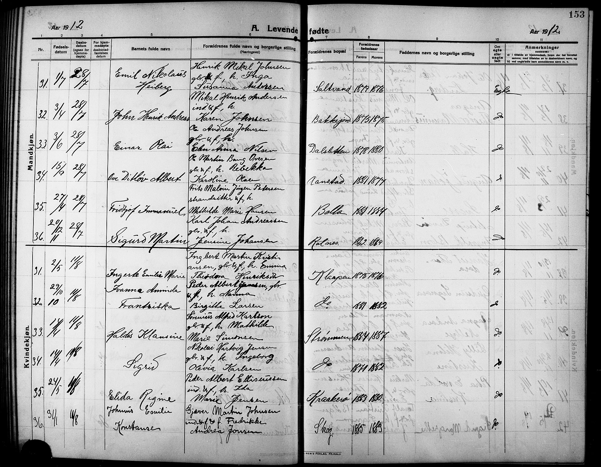 Ibestad sokneprestembete, AV/SATØ-S-0077/H/Ha/Hab/L0009klokker: Klokkerbok nr. 9, 1902-1914, s. 153