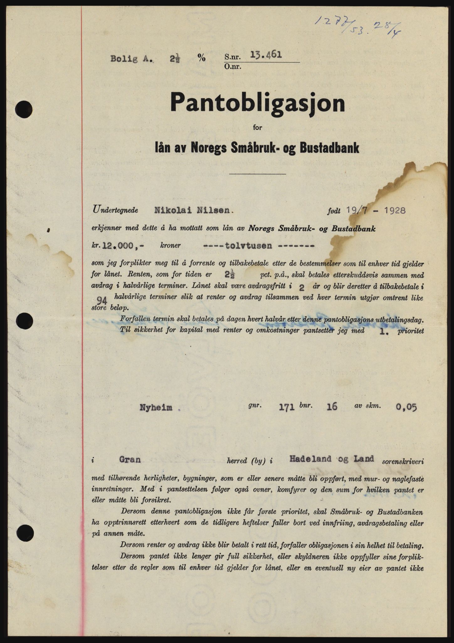 Hadeland og Land tingrett, SAH/TING-010/H/Hb/Hbc/L0026: Pantebok nr. B26, 1953-1953, Dagboknr: 1277/1953