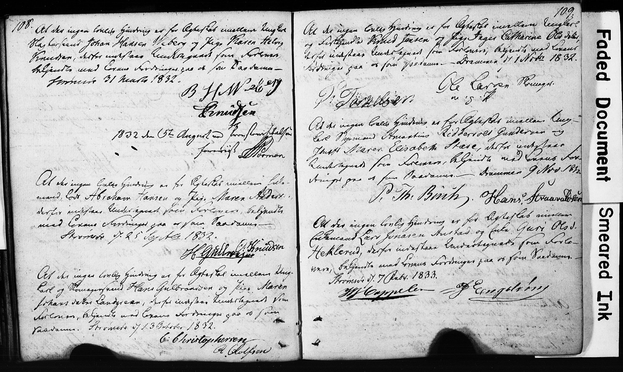 Strømsø kirkebøker, SAKO/A-246/H/Hb/L0002: Forlovererklæringer nr. 2, 1815-1857, s. 108-109