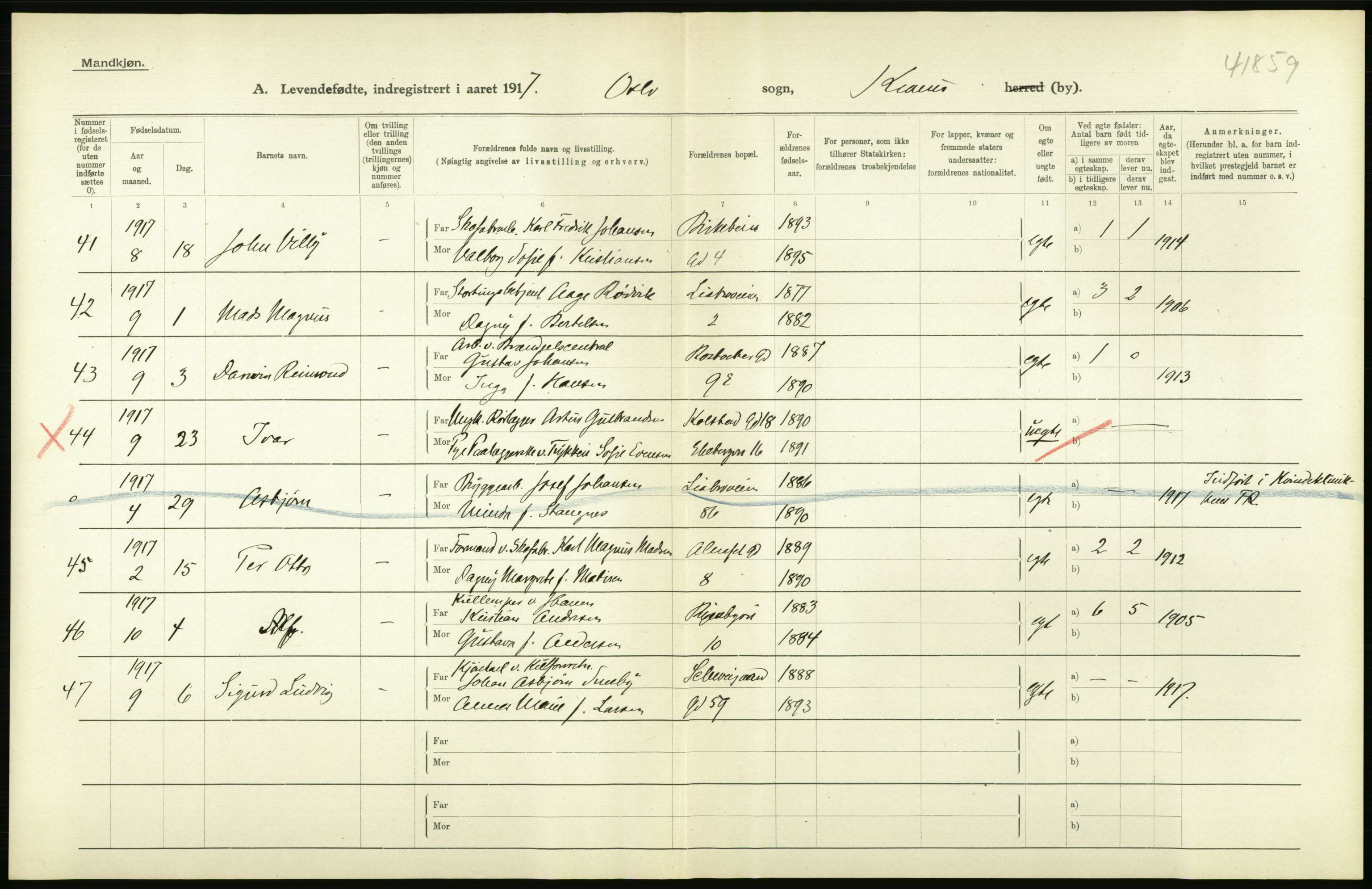 Statistisk sentralbyrå, Sosiodemografiske emner, Befolkning, AV/RA-S-2228/D/Df/Dfb/Dfbg/L0006: Kristiania: Levendefødte menn og kvinner., 1917, s. 556