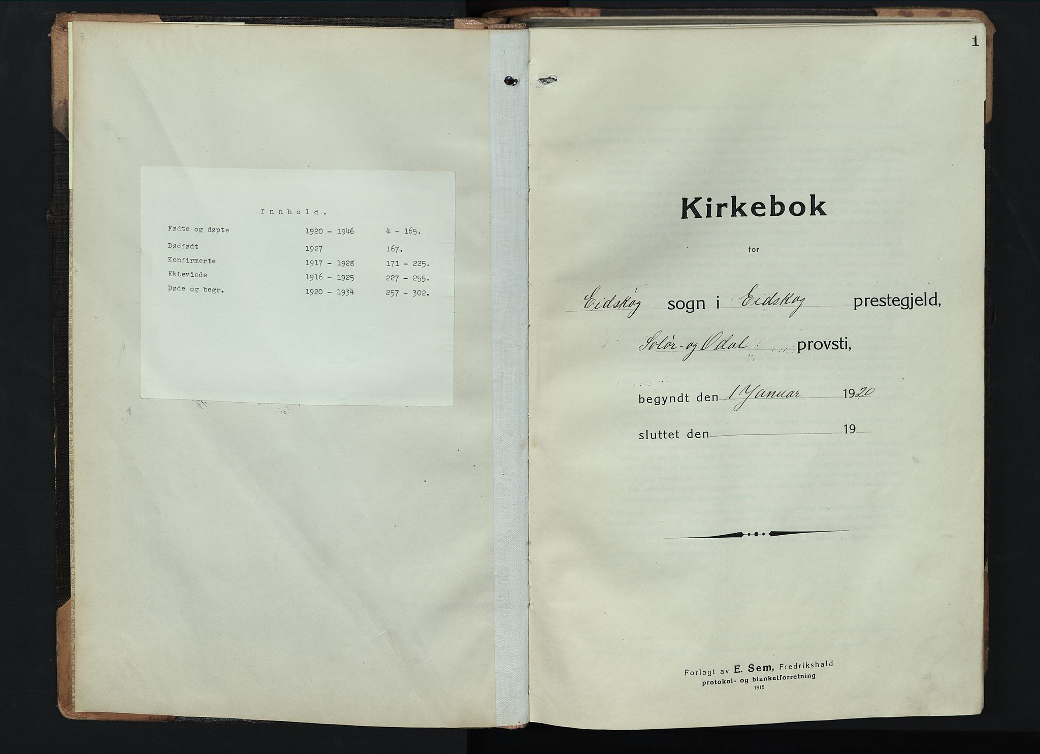 Eidskog prestekontor, AV/SAH-PREST-026/H/Ha/Hab/L0005: Klokkerbok nr. 5, 1916-1946, s. 1