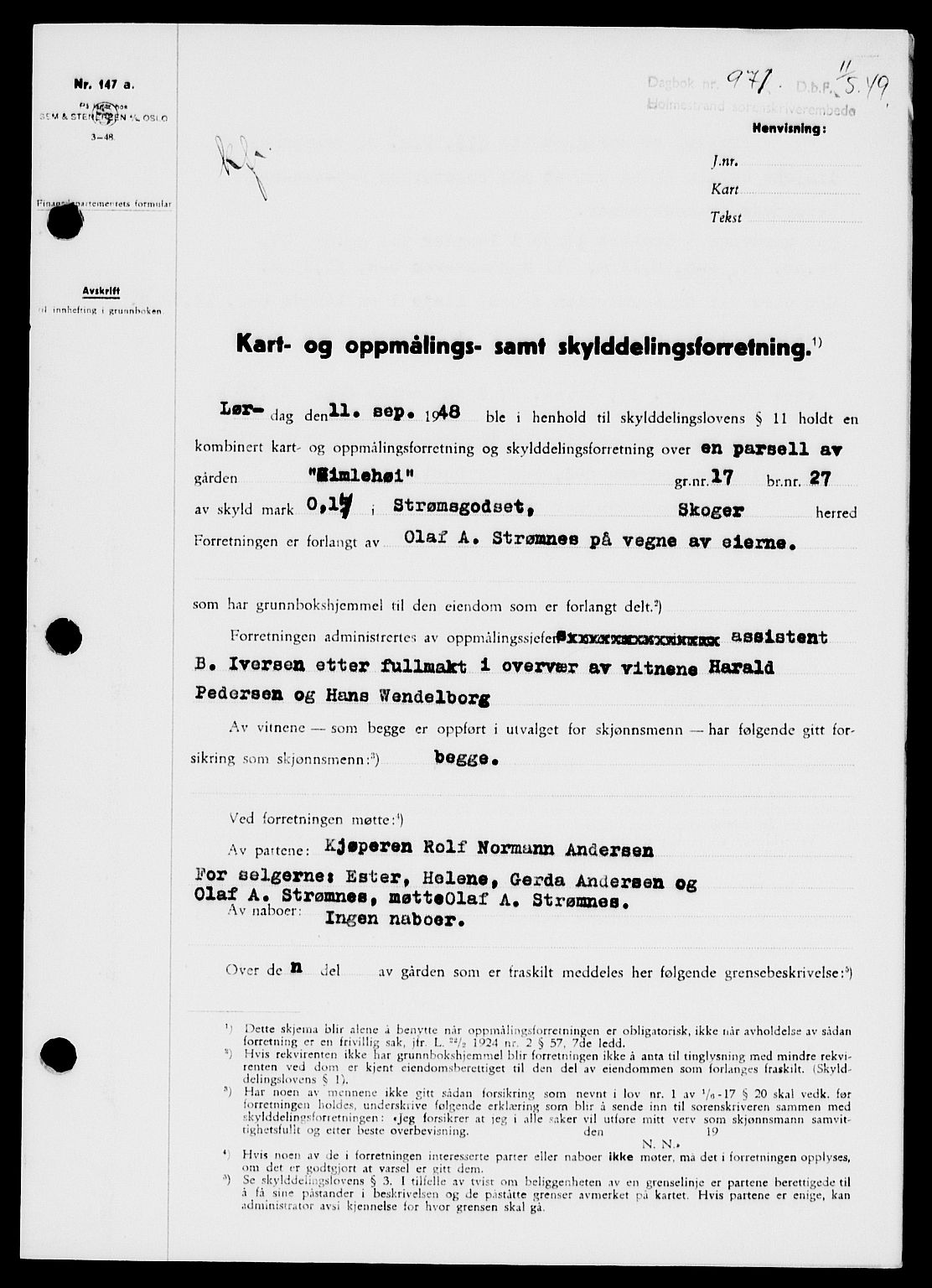 Holmestrand sorenskriveri, SAKO/A-67/G/Ga/Gaa/L0066: Pantebok nr. A-66, 1949-1949, Dagboknr: 971/1949