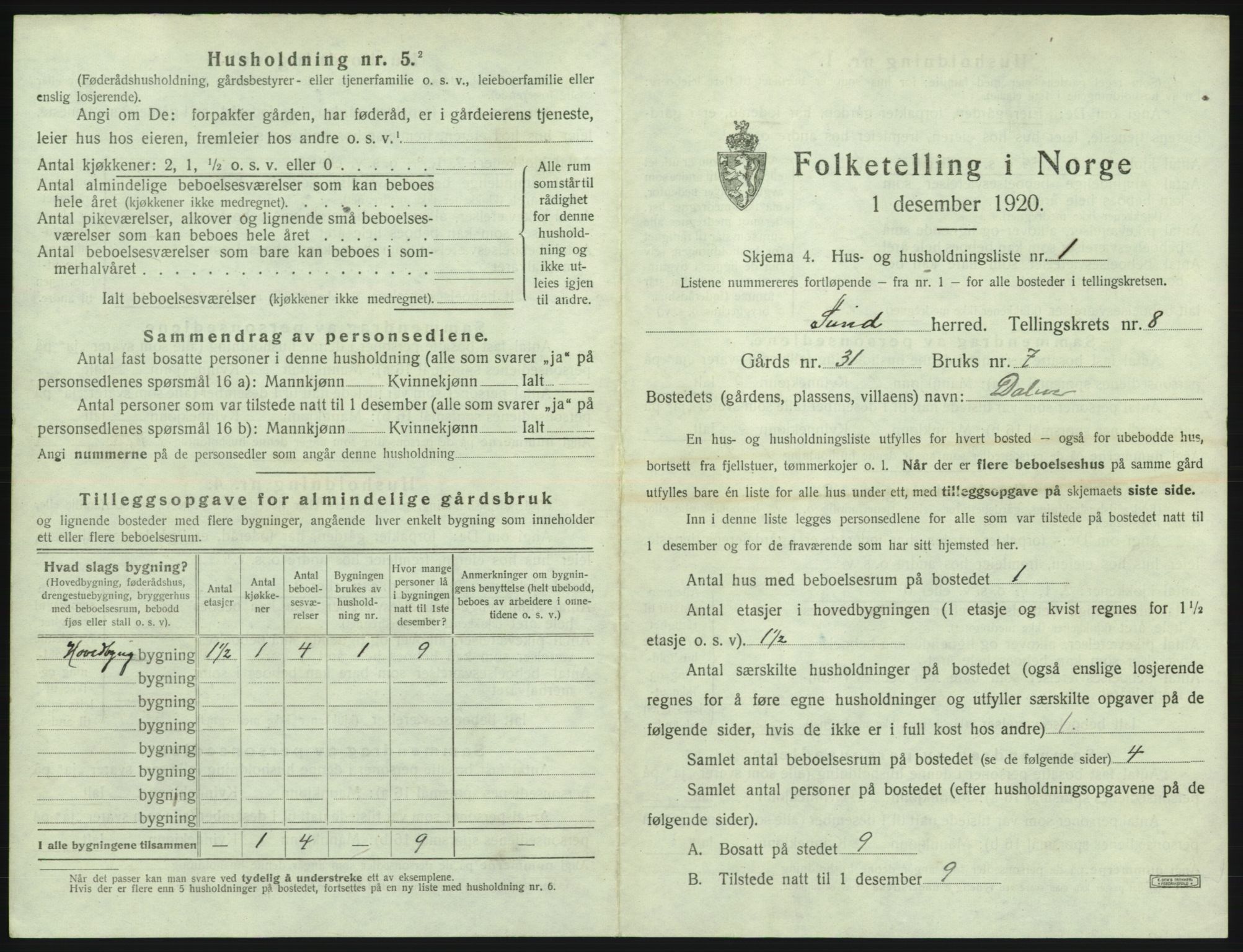 SAB, Folketelling 1920 for 1245 Sund herred, 1920, s. 677