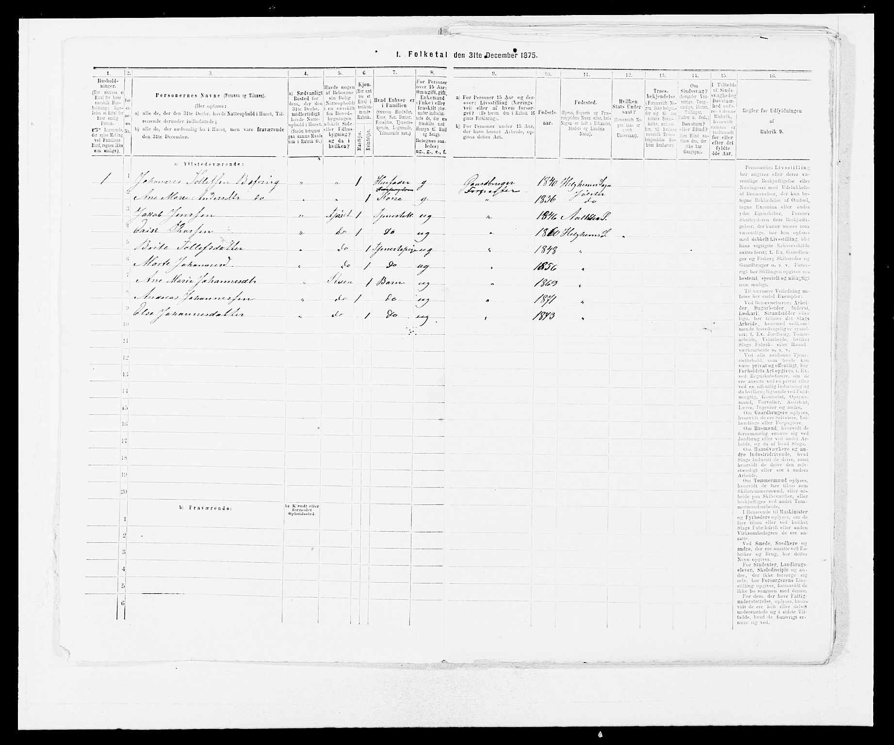 SAB, Folketelling 1875 for 1431P Jølster prestegjeld, 1875, s. 289