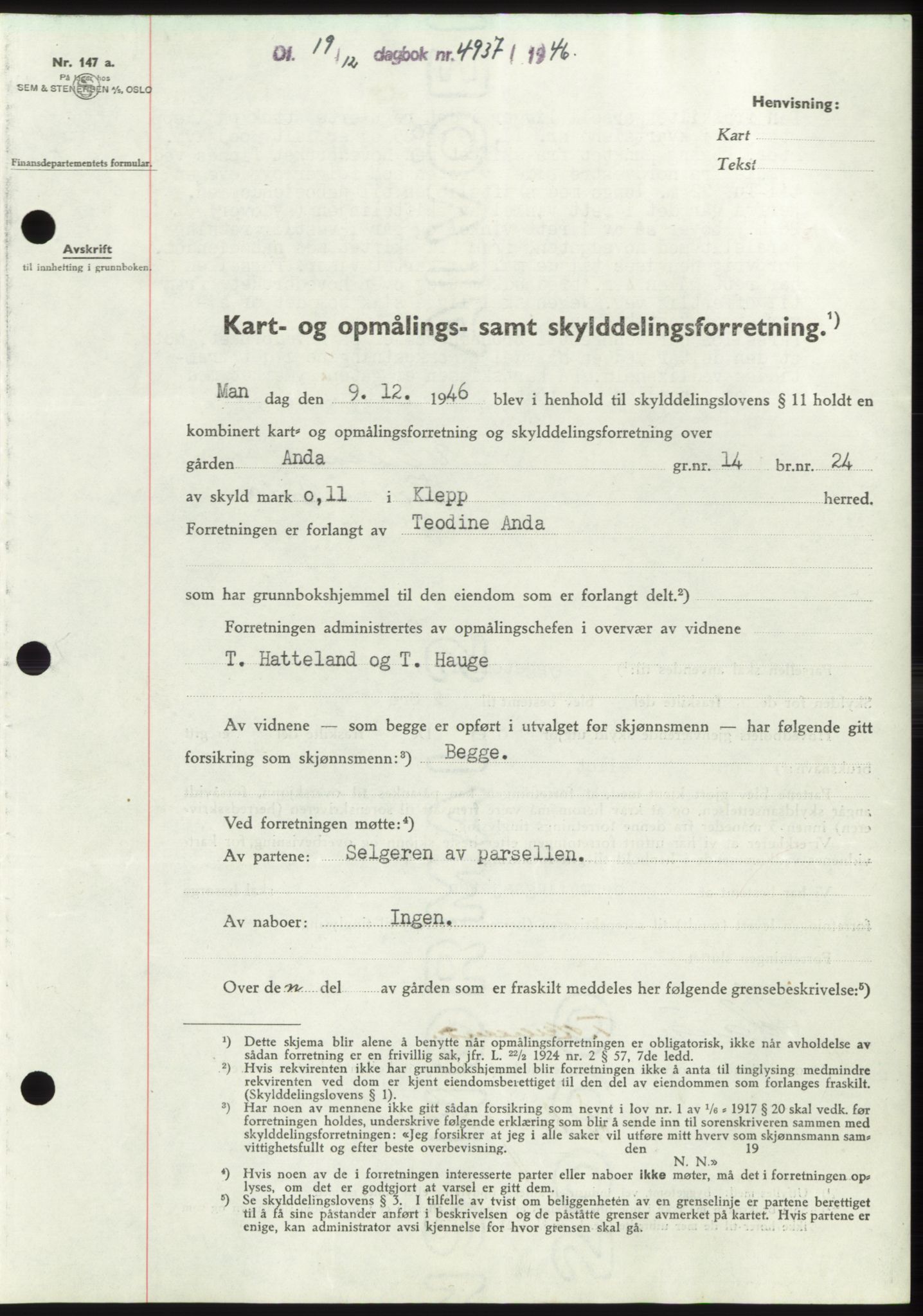 Jæren sorenskriveri, SAST/A-100310/03/G/Gba/L0092: Pantebok, 1946-1946, Dagboknr: 4937/1946