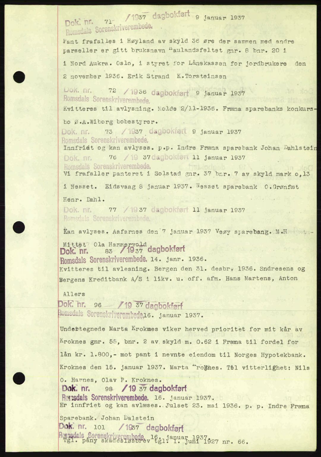 Romsdal sorenskriveri, AV/SAT-A-4149/1/2/2C: Pantebok nr. C1a, 1936-1945, Dagboknr: 71/1937