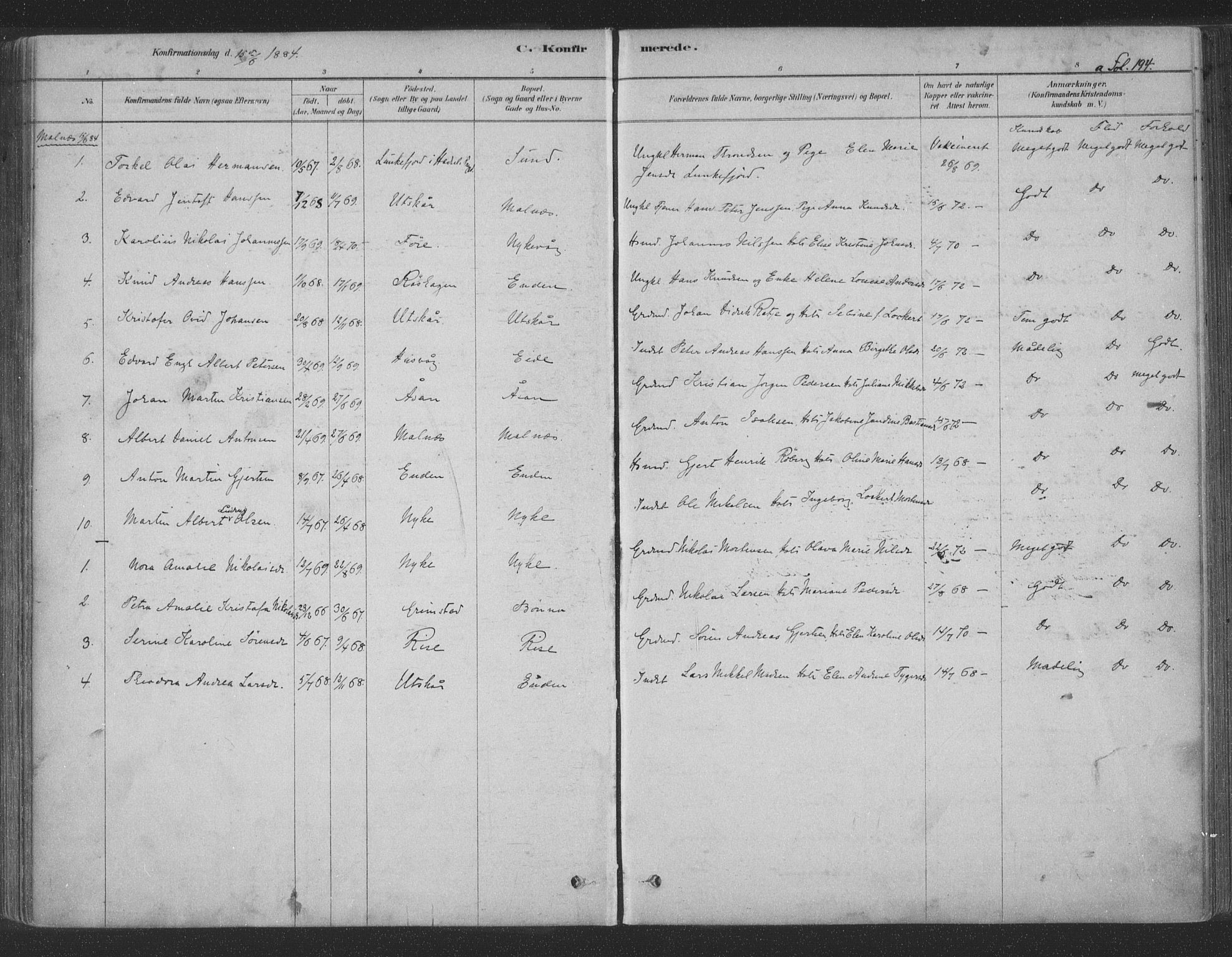 Ministerialprotokoller, klokkerbøker og fødselsregistre - Nordland, AV/SAT-A-1459/891/L1302: Ministerialbok nr. 891A07, 1878-1895, s. 194