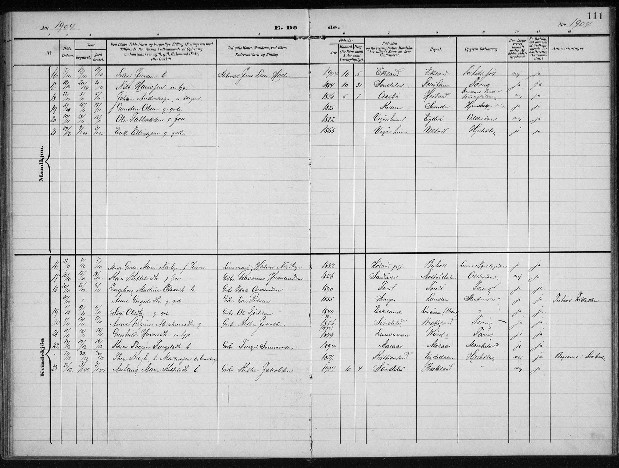 Gjerstad sokneprestkontor, AV/SAK-1111-0014/F/Fa/Faa/L0011: Ministerialbok nr. A 11, 1903-1914, s. 111