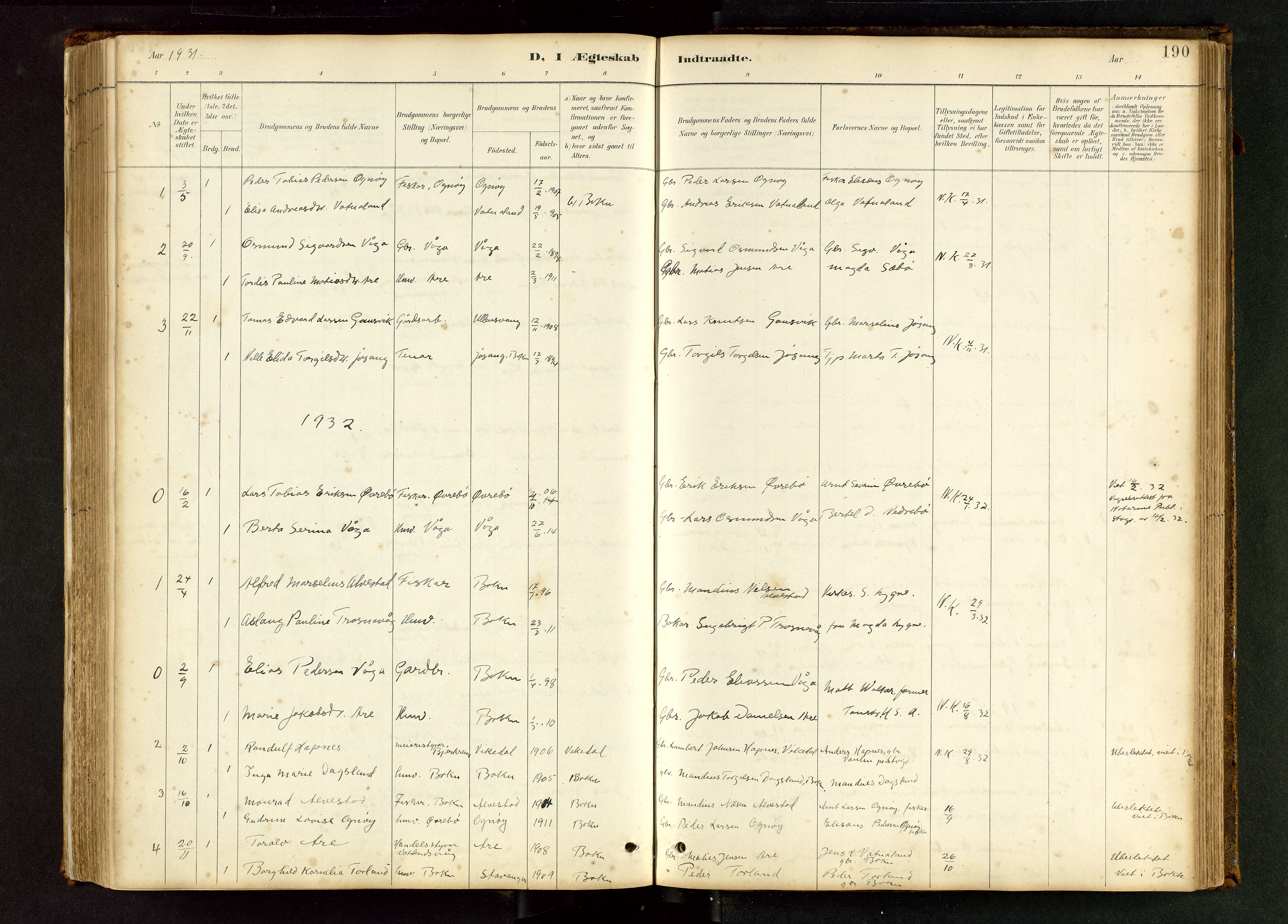 Tysvær sokneprestkontor, AV/SAST-A -101864/H/Ha/Hab/L0005: Klokkerbok nr. B 5, 1887-1947, s. 190