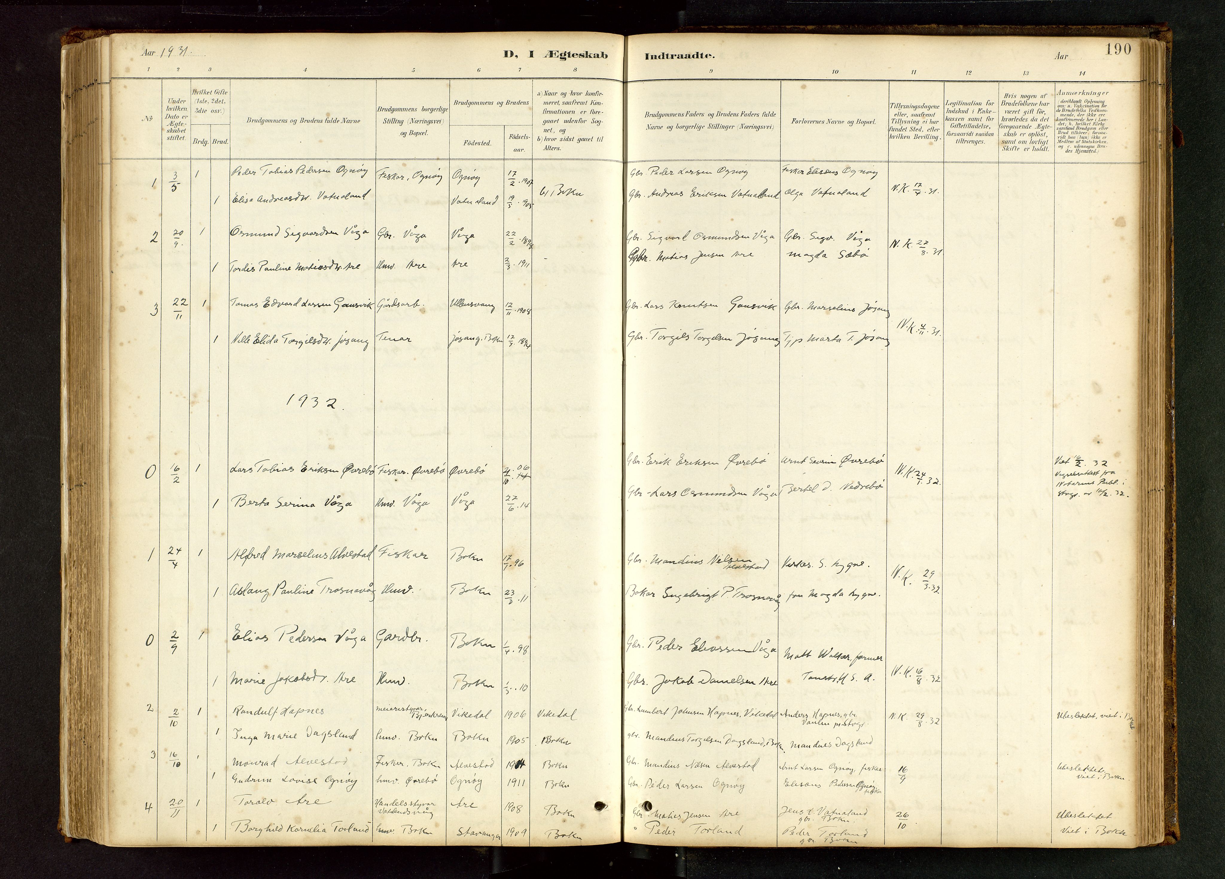 Tysvær sokneprestkontor, SAST/A -101864/H/Ha/Hab/L0005: Klokkerbok nr. B 5, 1887-1947, s. 190